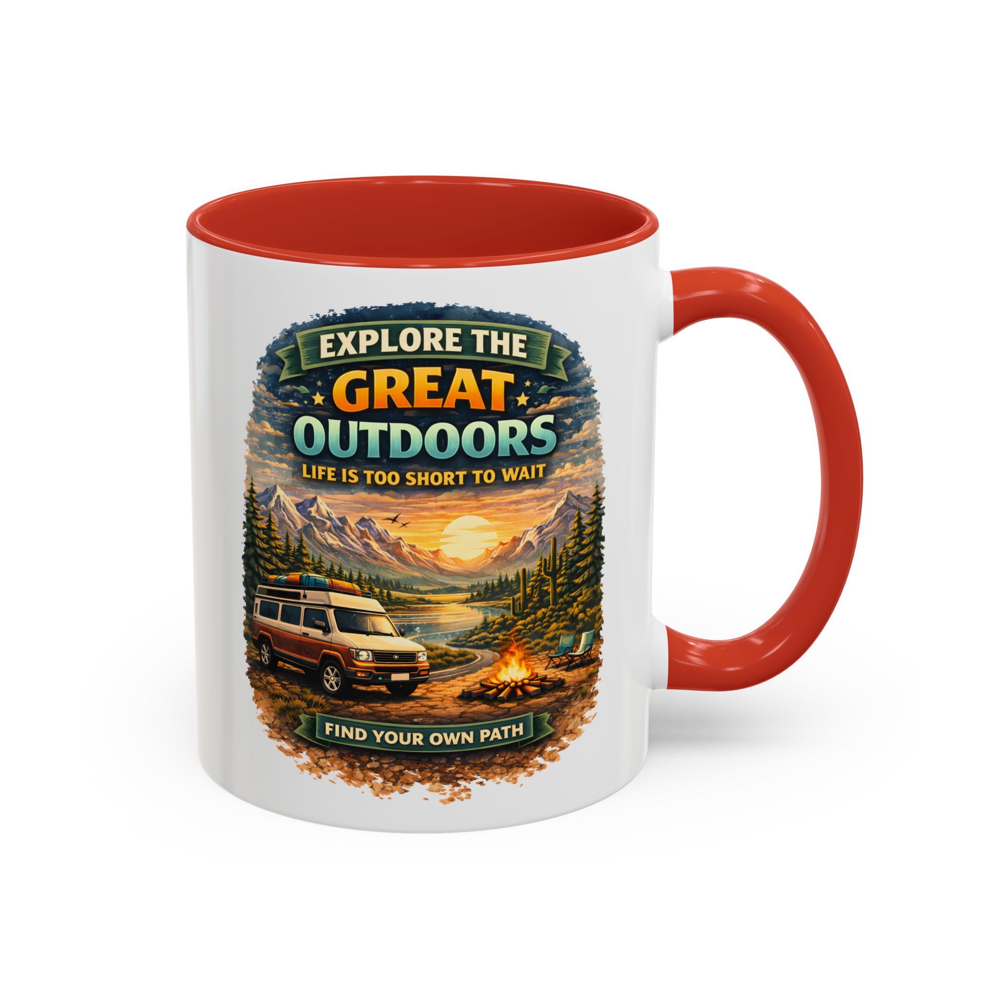 Accent Coffee Mug (11, 15oz) — "Explore The Great Outdoors" Design Scenic-Line