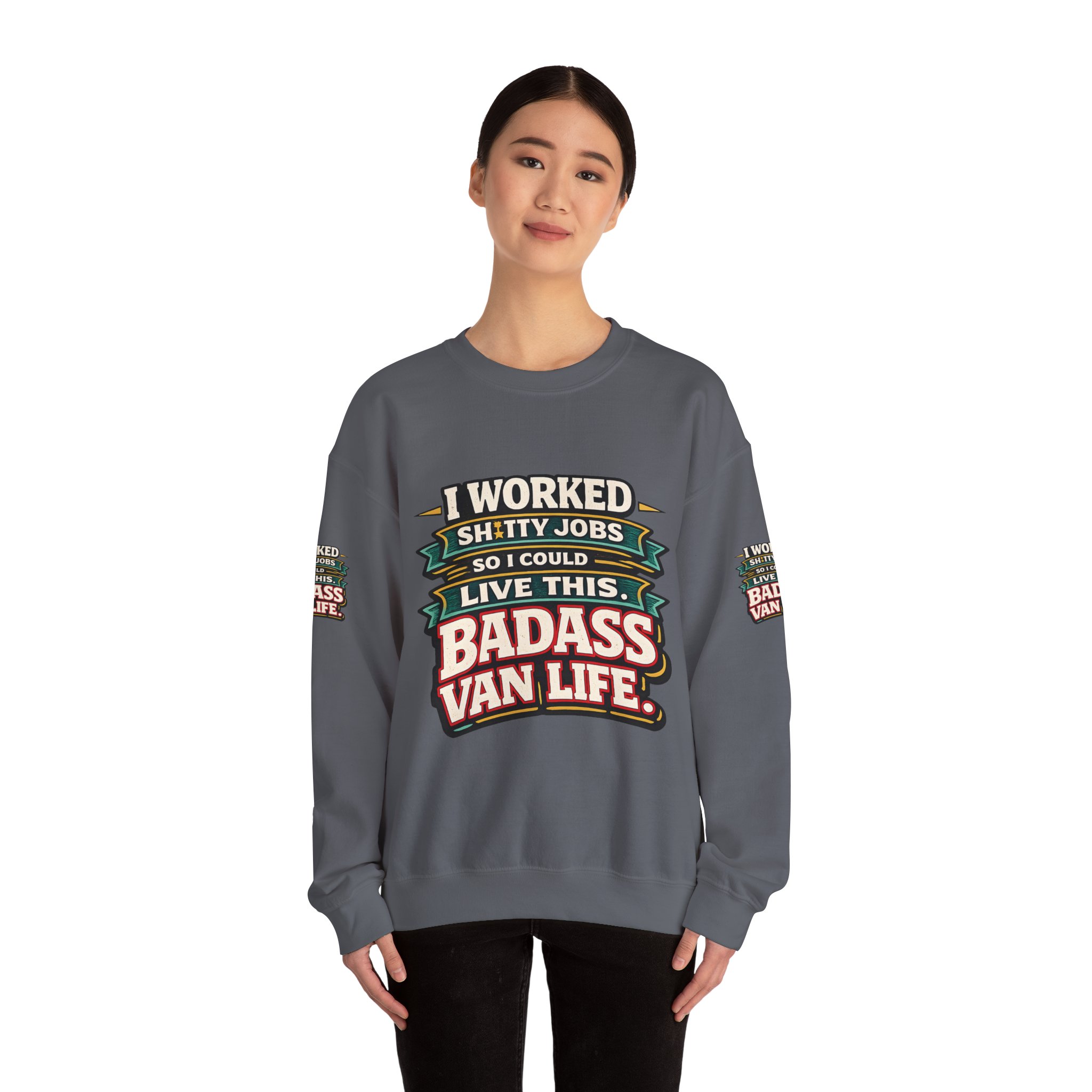 Unisex Heavy Blend™ Crewneck Sweatshirt — "I Worked Shitty Jobs" Design F**K-Line