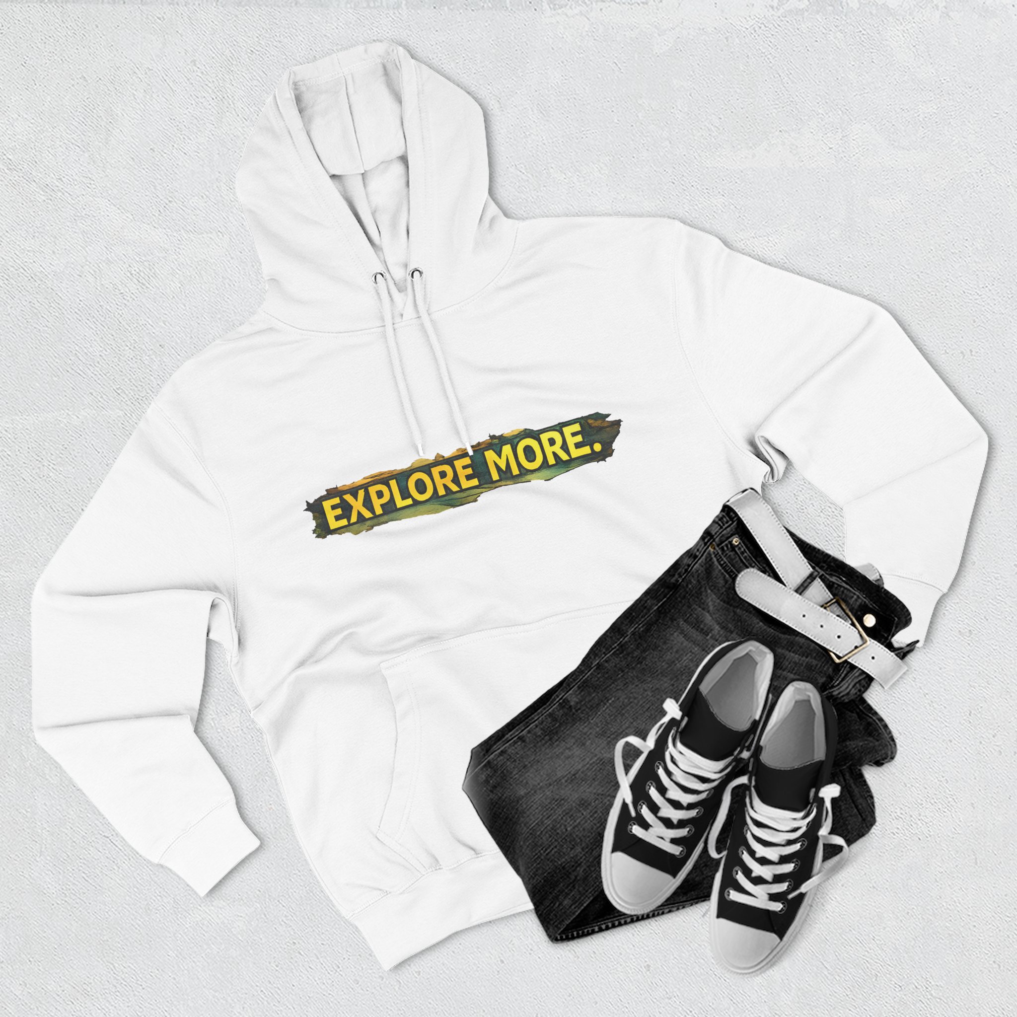 Three-Panel Fleece Hoodie - "Explore More" Design Cubic-Line