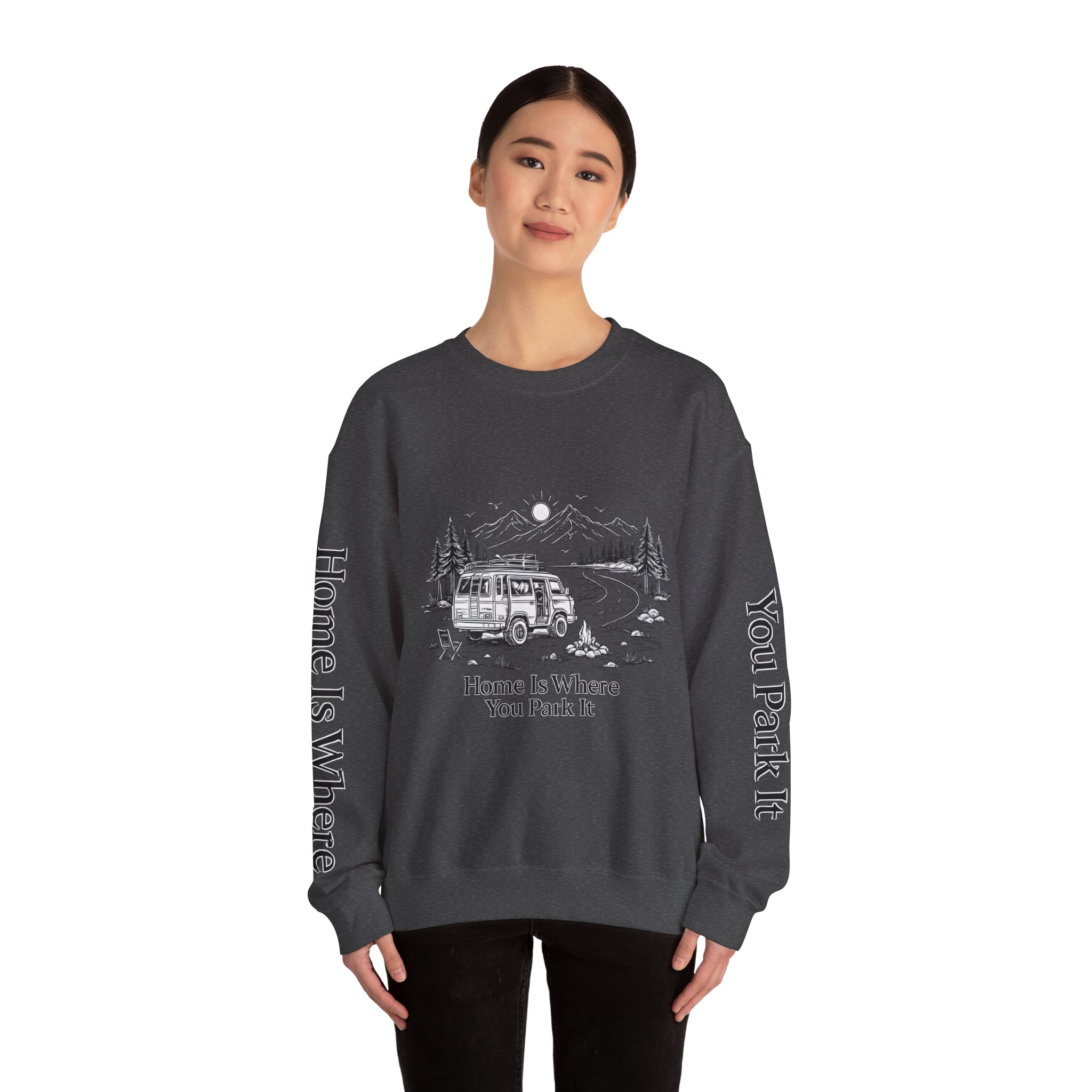 Unisex Heavy Blend™ Crewneck Sweatshirt — "Home Is Where You Park It" Design Minimal-Line