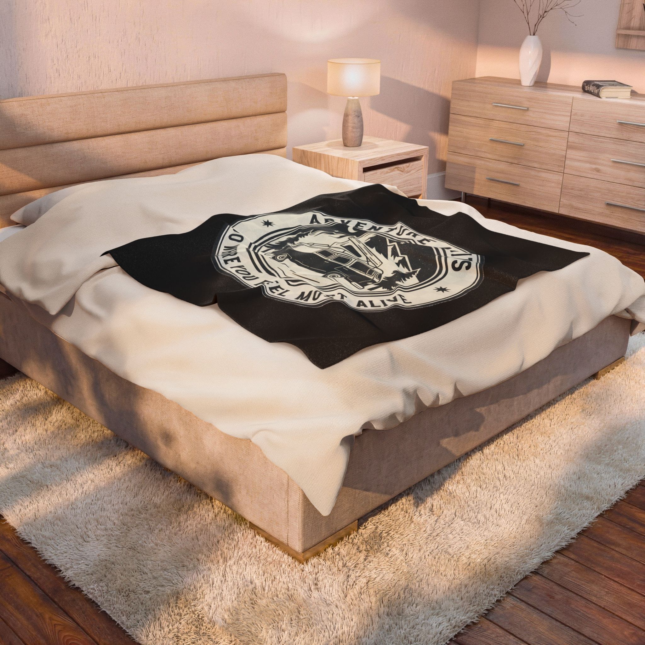 Velveteen Blanket —"Adventure Awaits-Go Where You Feel Most Alive" Camper Throw
