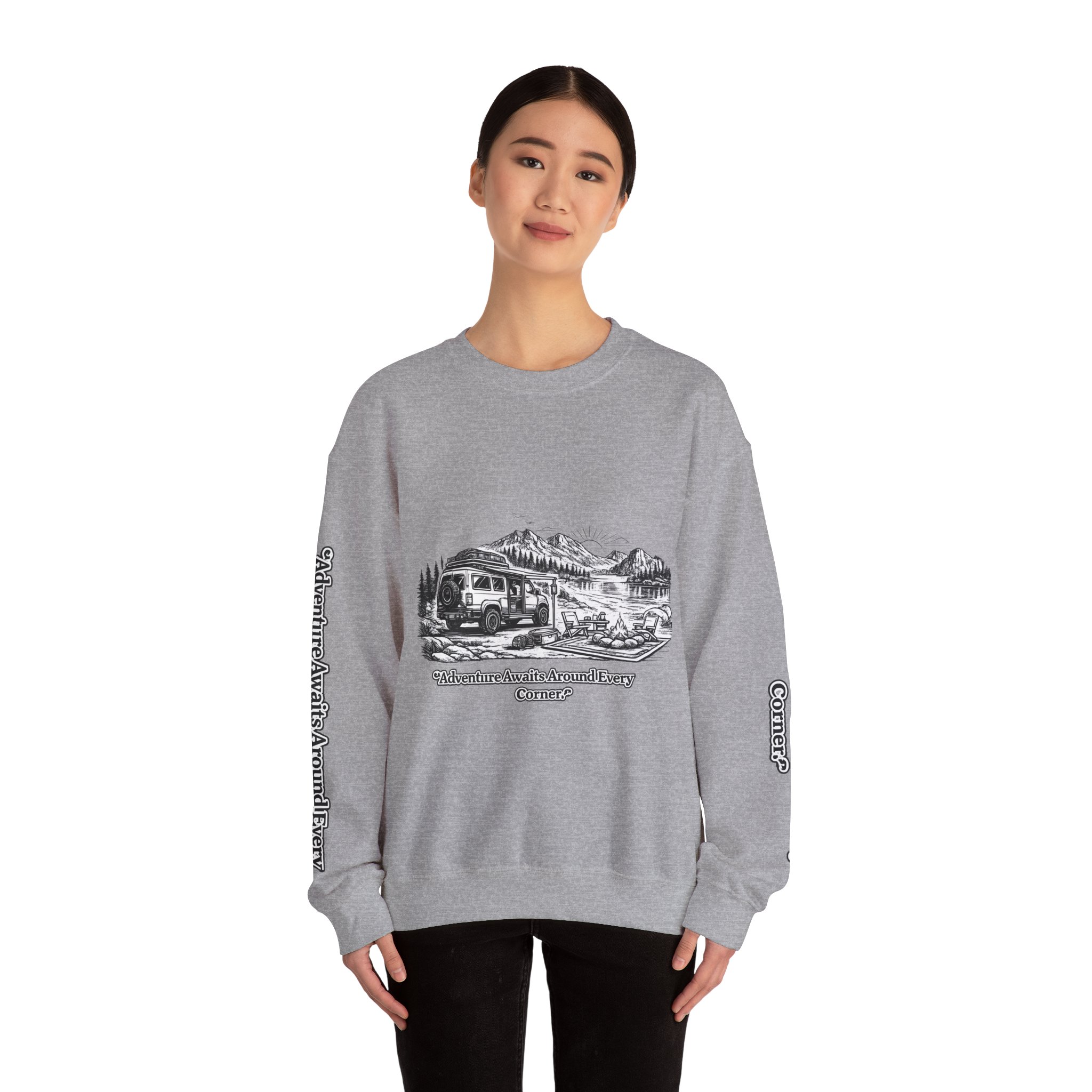 5853633641562013438_2048.jpeg Unisex Heavy Blend™ Crewneck Sweatshirt — "Adventure Awaits Around Every Corner" Design Minimal-Line