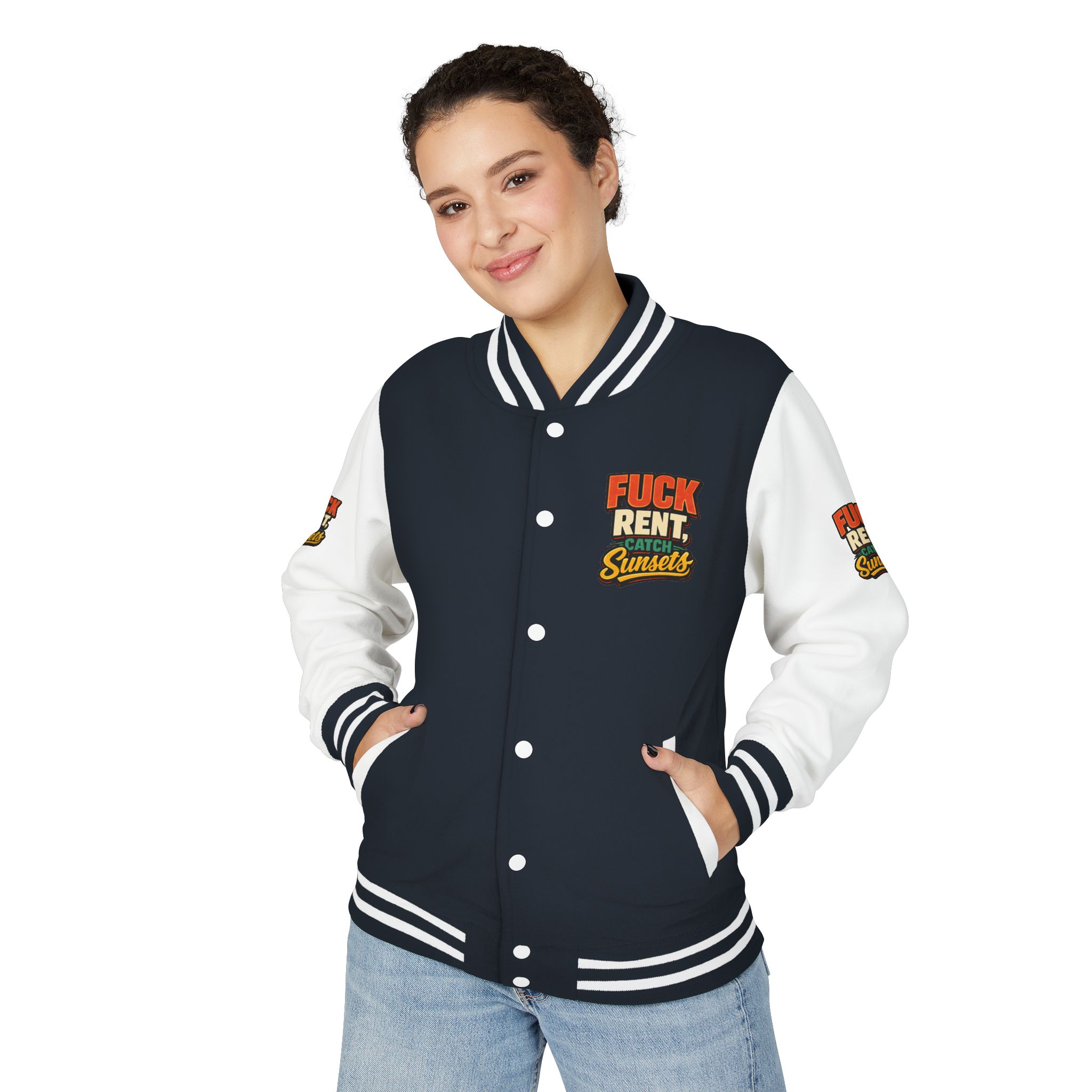 585656007297722045_2048-2.jpeg Unisex Heavyweight Letterman Jacket — "Fuck Rent Catch Sunsets" Design F**K-Line