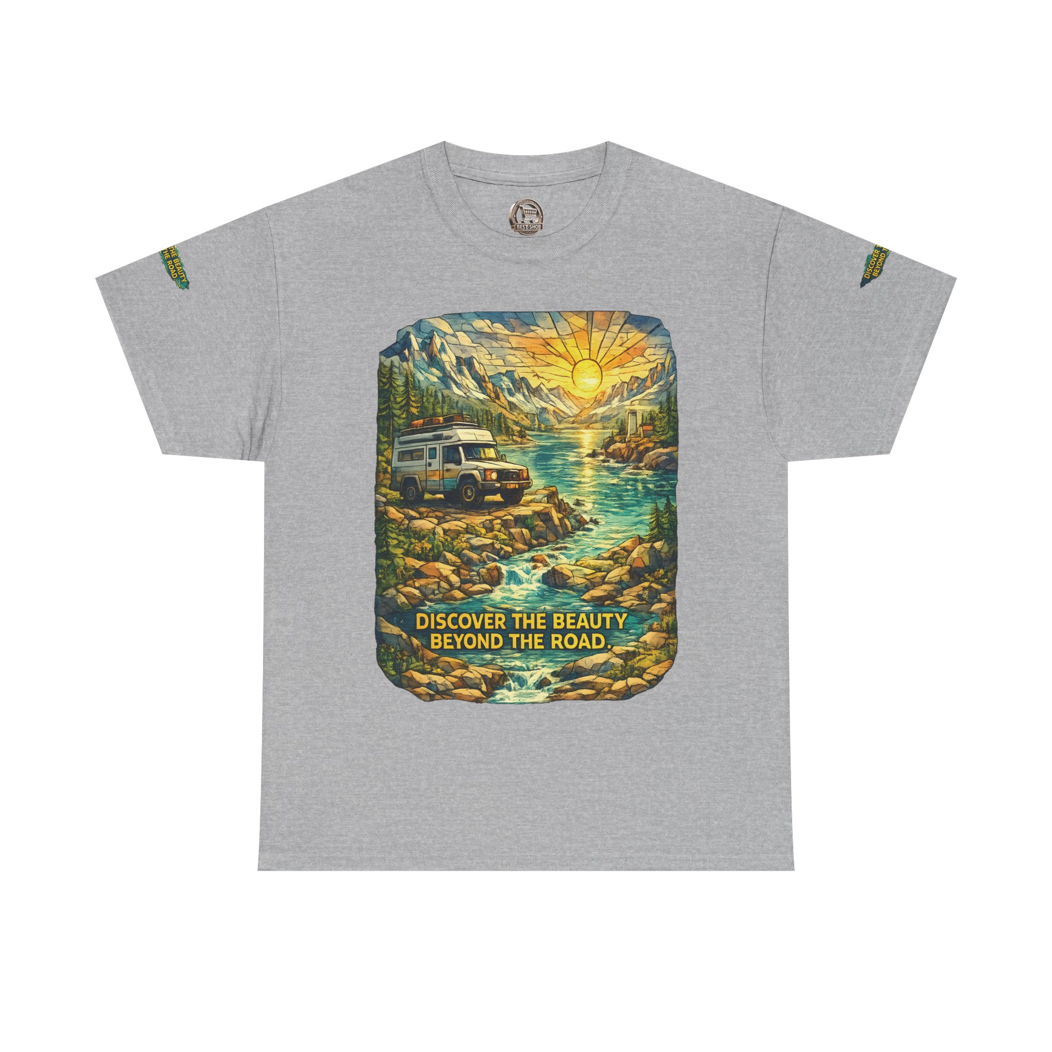 Unisex Heavy Cotton Tee — "Discover The Bieuty Beyond The Road" Design Cubic-Line