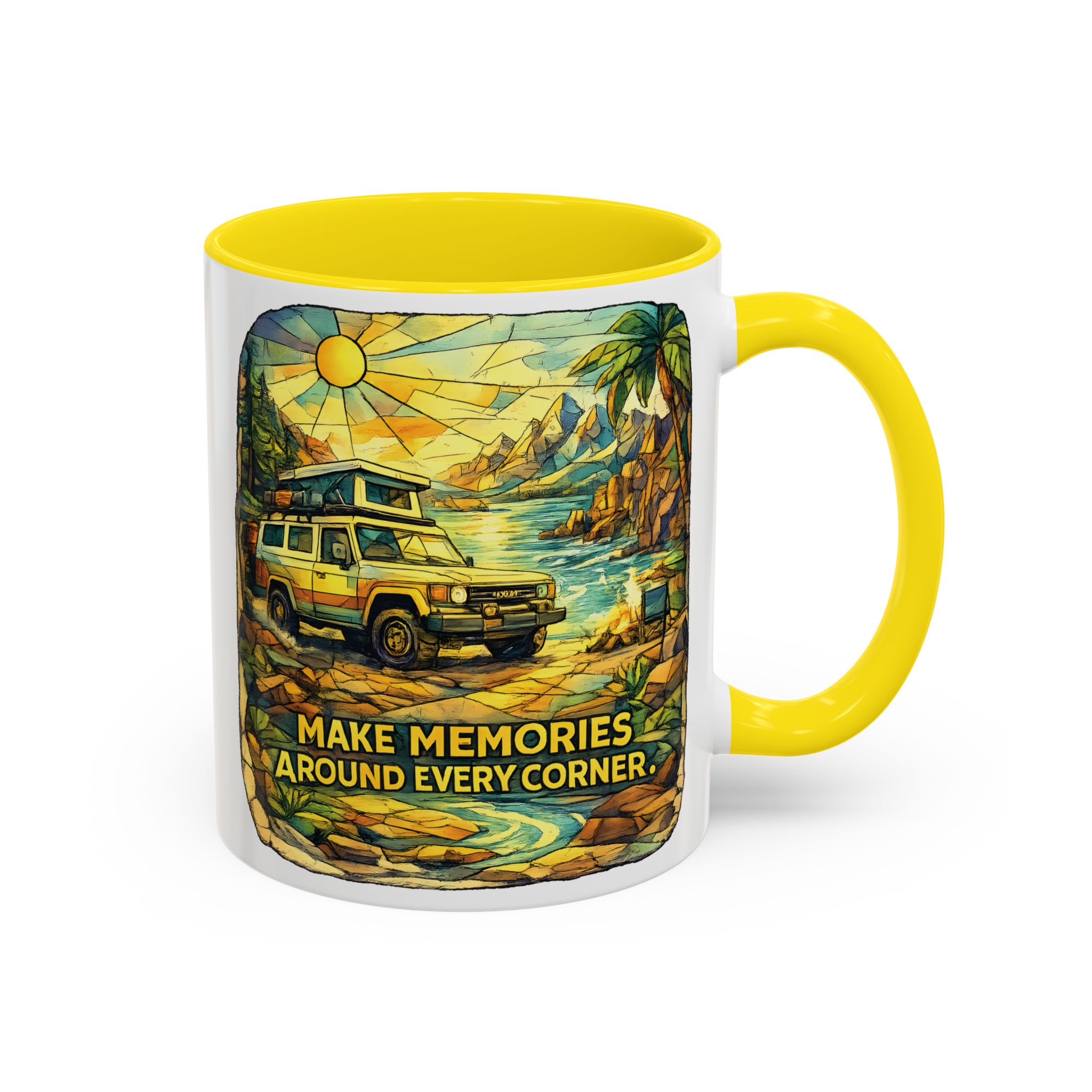 Accent Coffee Mug (11, 15oz) — "Make Memories Around Every Corner" Design Cubic-Line