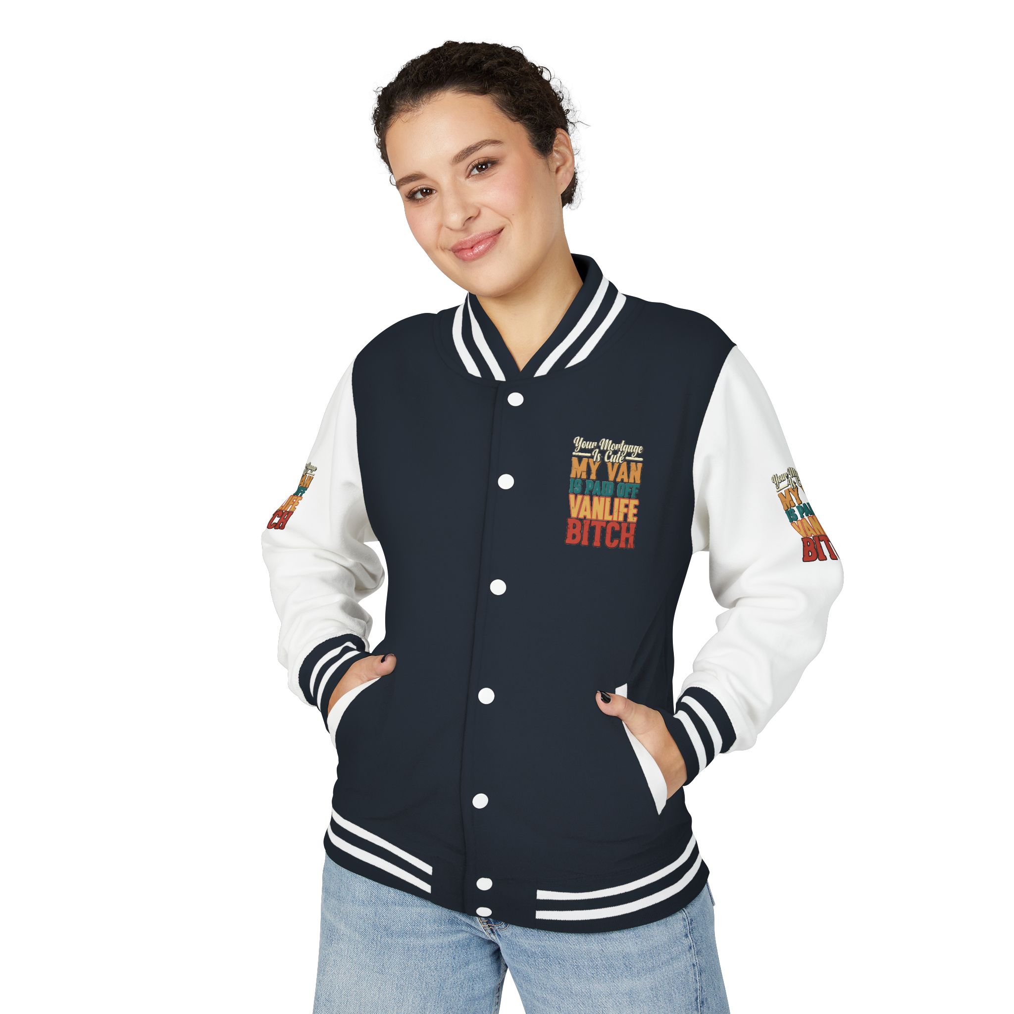 Unisex Heavyweight Letterman Jacket — "Your Mortgage Is Cute" Design F**K-Line