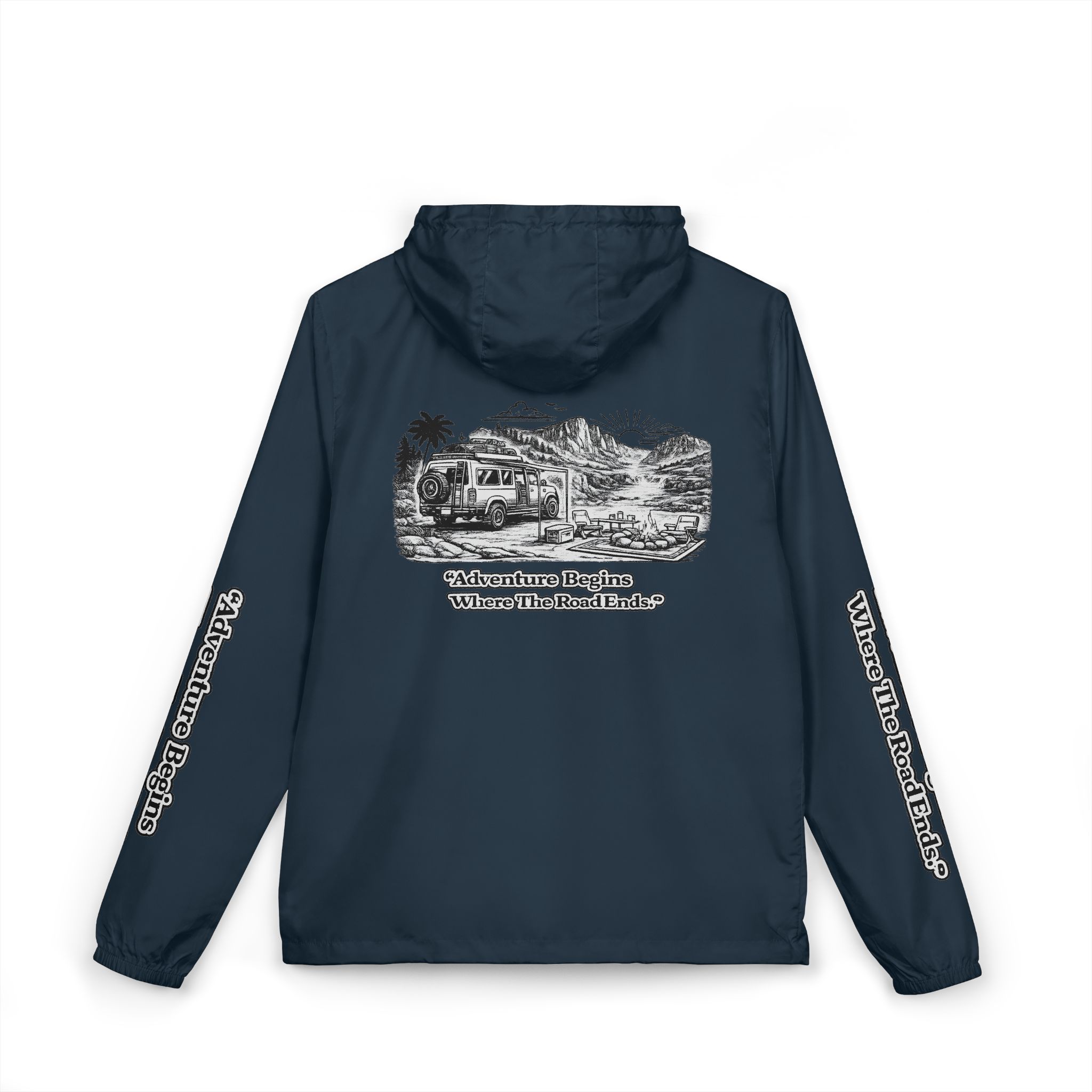 Unisex Full-Zip Windbreaker Jacket — "Adventure Begins Where Roads End" (Design "Minimal-Line")