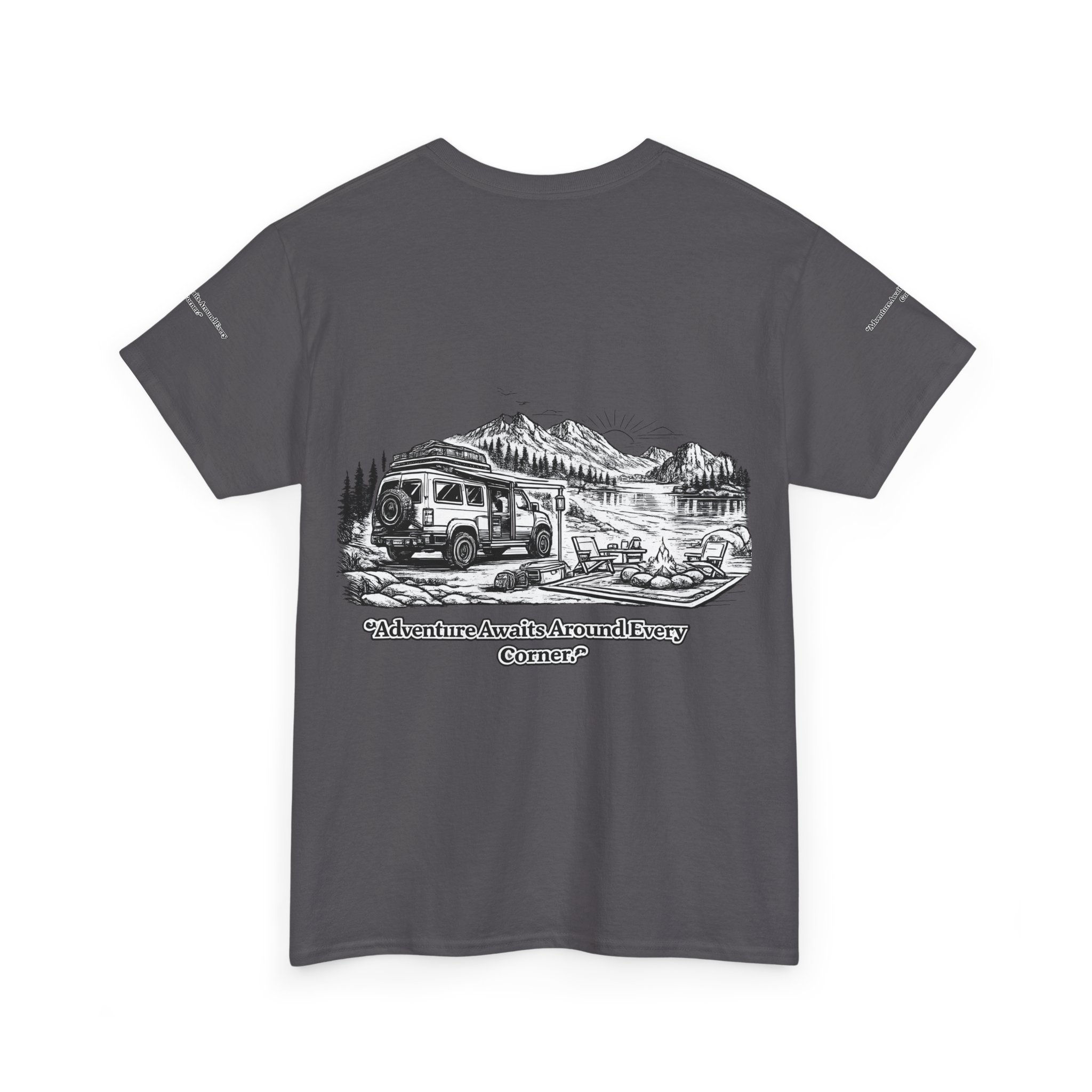 Unisex Heavy Cotton Tee — "Adventure Awaits Around Every Corner" Design Minimal-Line