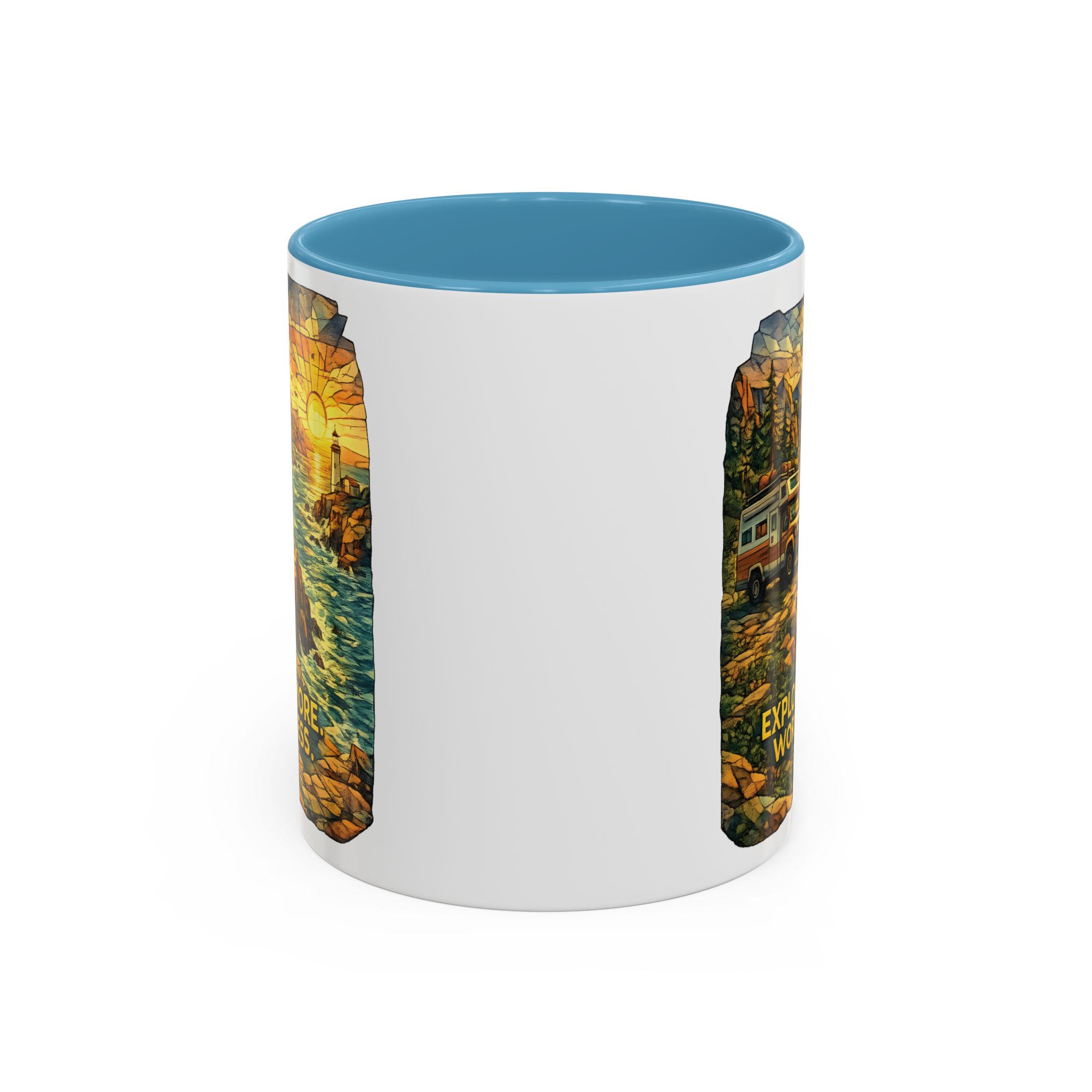 Accent Coffee Mug (11, 15oz) — "Explore More Worry Less" Design Cubic-Line