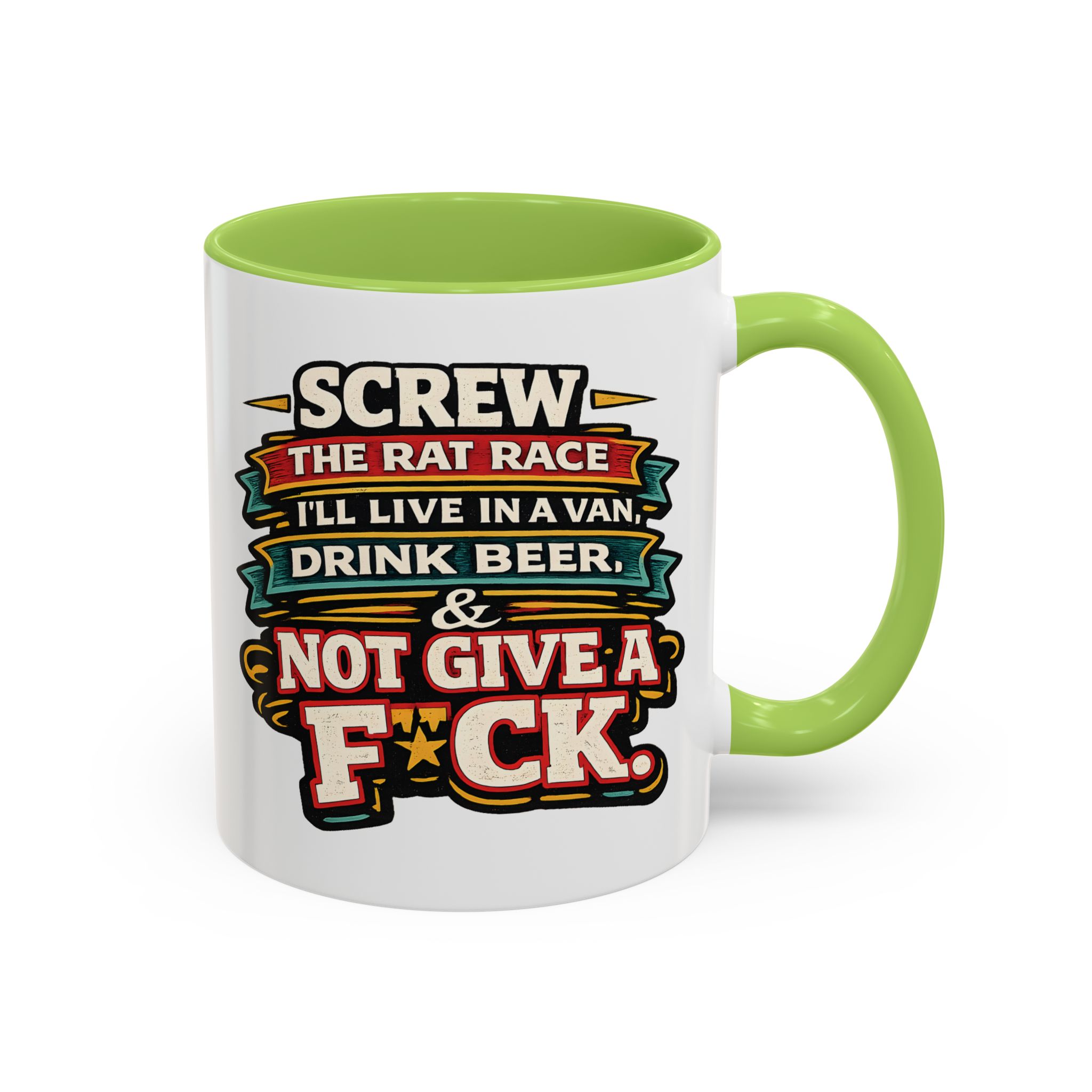 Accent Coffee Mug (11, 15oz) — "Screw The Rat Race" Design F**K-Line