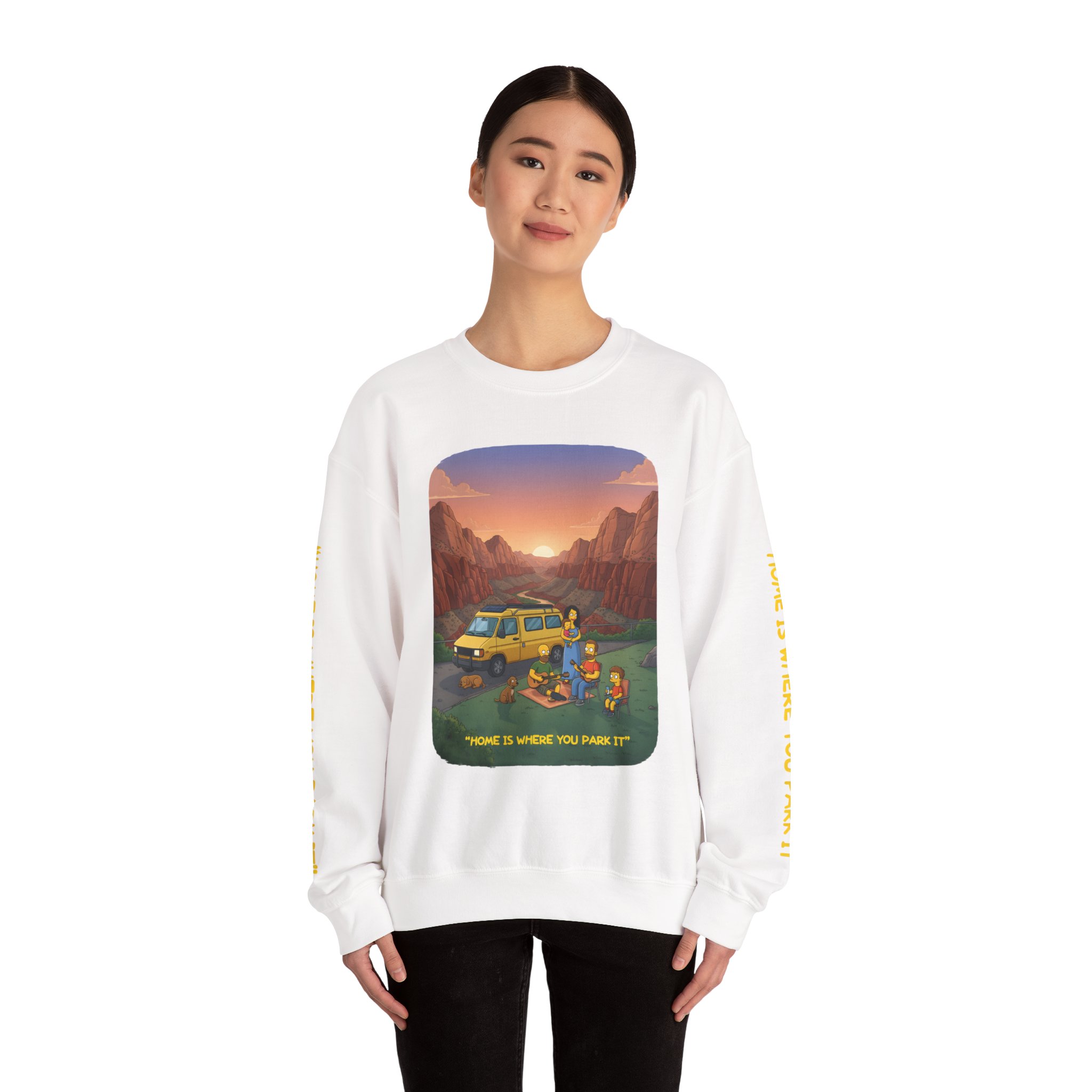 Unisex Heavy Blend™ Crewneck Sweatshirt — "Home Is Where You Park It" Design Sitcom-Line