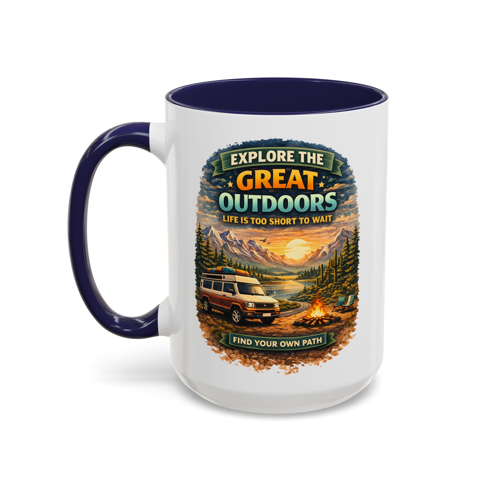 Accent Coffee Mug (11, 15oz) — "Explore The Great Outdoors" Design Scenic-Line