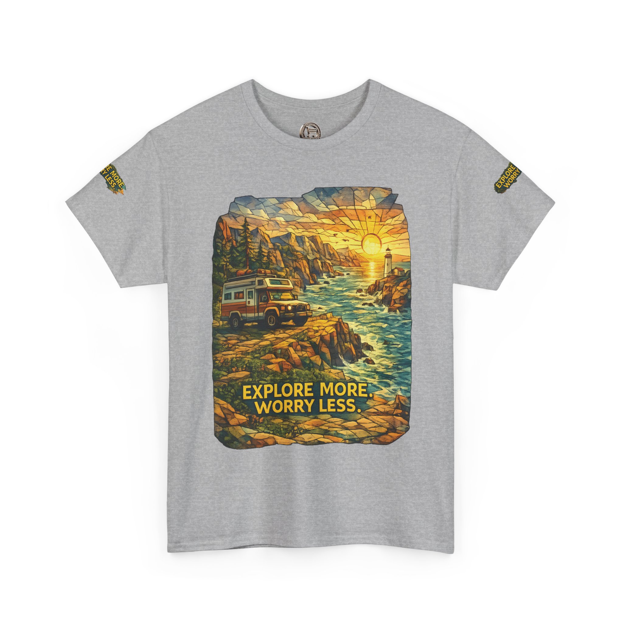 Unisex Heavy Cotton Tee — "Explore More Worry Less" Design Cubic-Line
