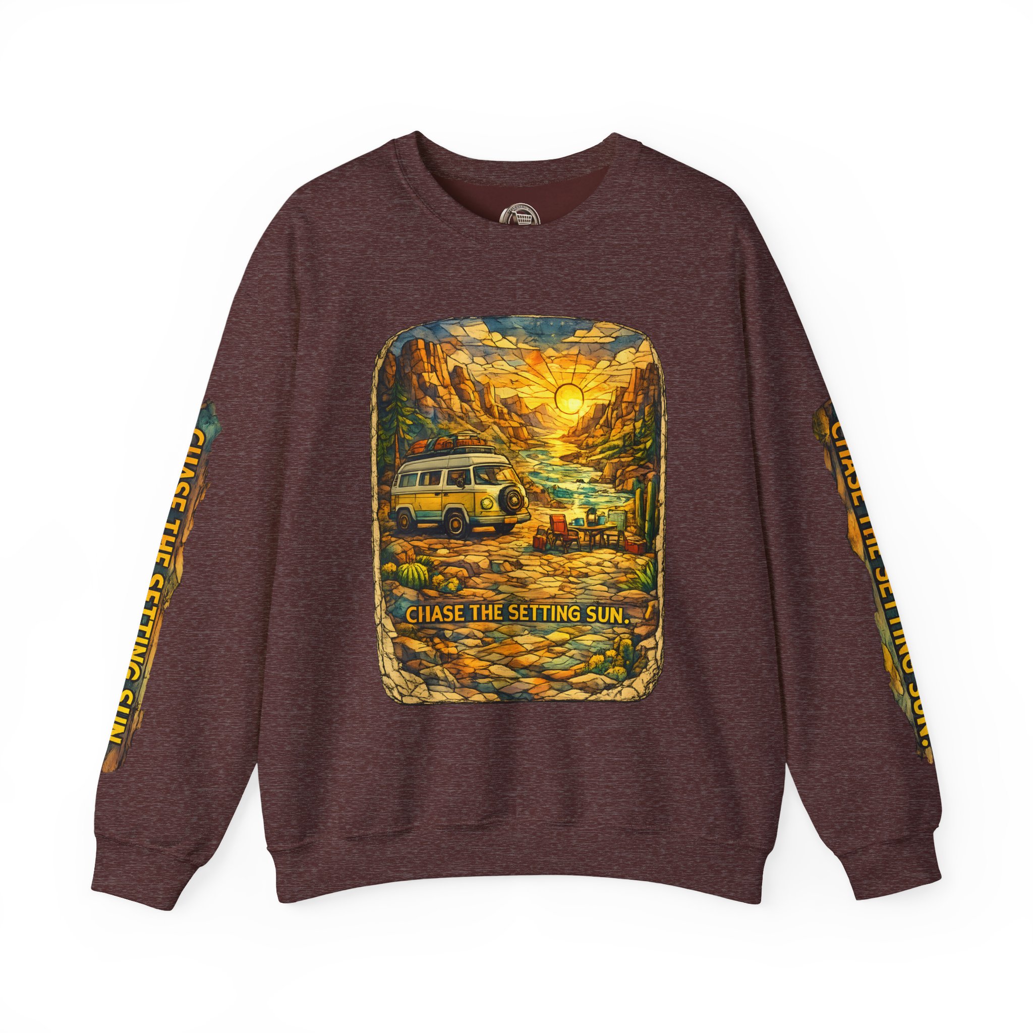 Unisex Heavy Blend™ Crewneck Sweatshirt — "Chase The Settings Sun" Design Cubic-Line
