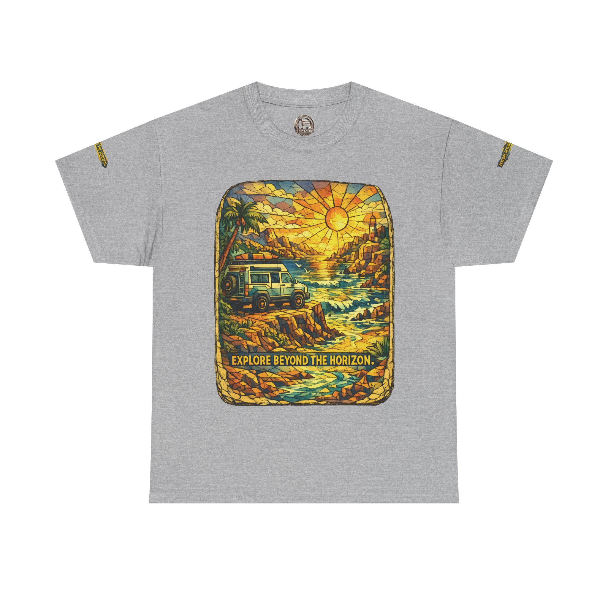 Unisex Heavy Cotton Tee — "Explore Beyond The Horizon" Design Cubic-Line