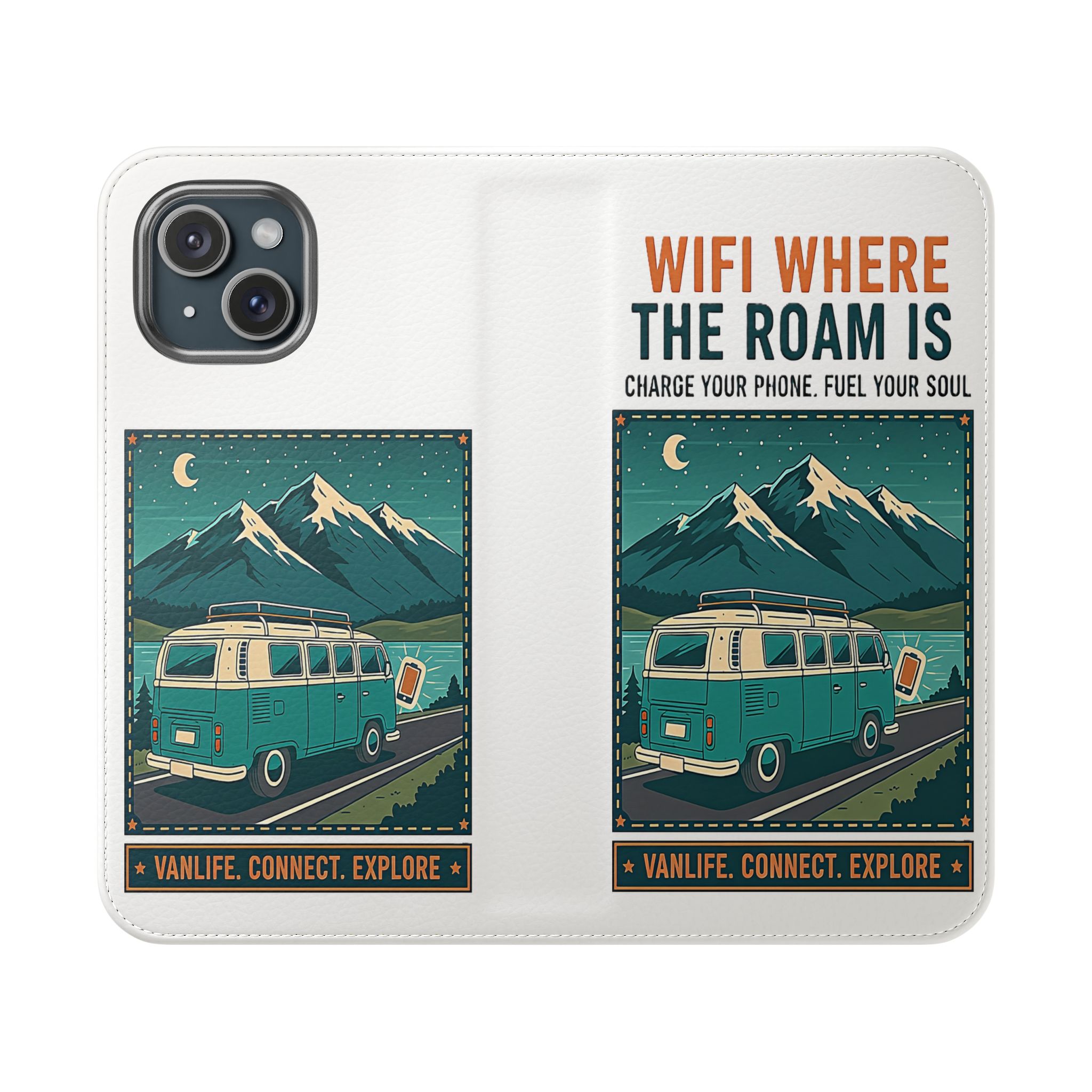Flip Phone Case — “WiFi Where the Roam Is” Vanlife Wallet Case