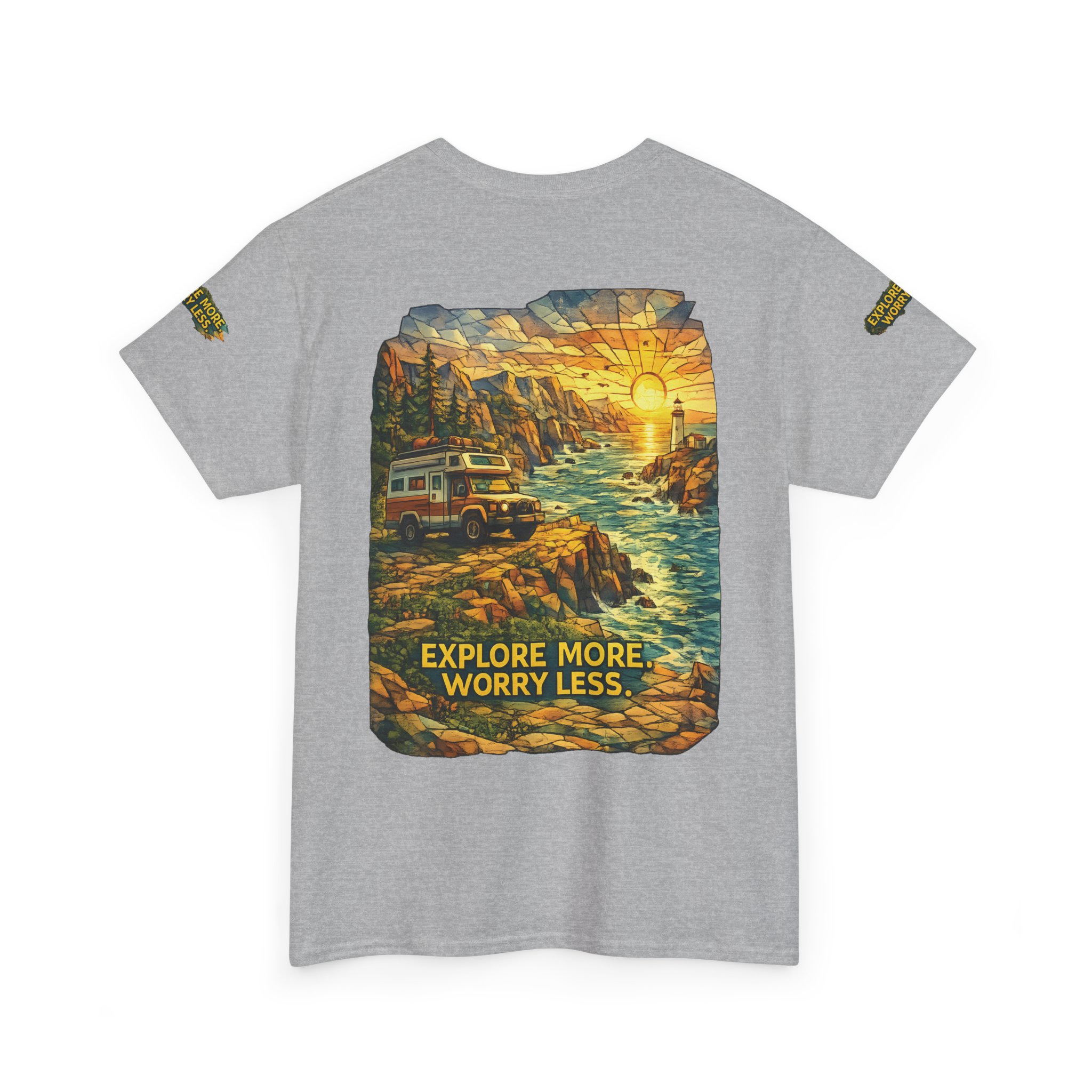 Unisex Heavy Cotton Tee — "Explore More Worry Less" Design Cubic-Line