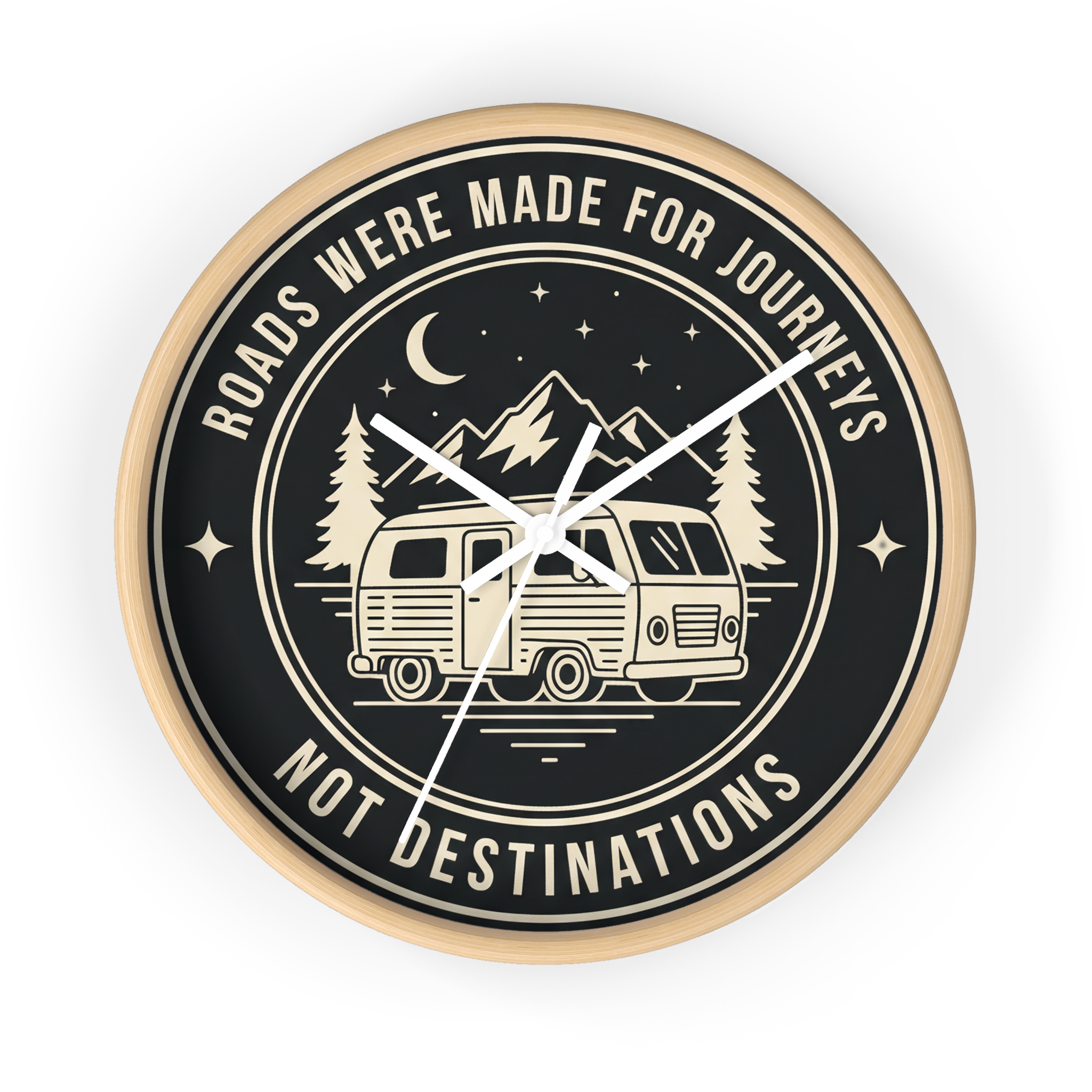 Wall Clock — "ROAD WHERE MADE FOR JOURNEYS-NOT DESTINATIONS" Camper Van Mountain Travel Timepiece