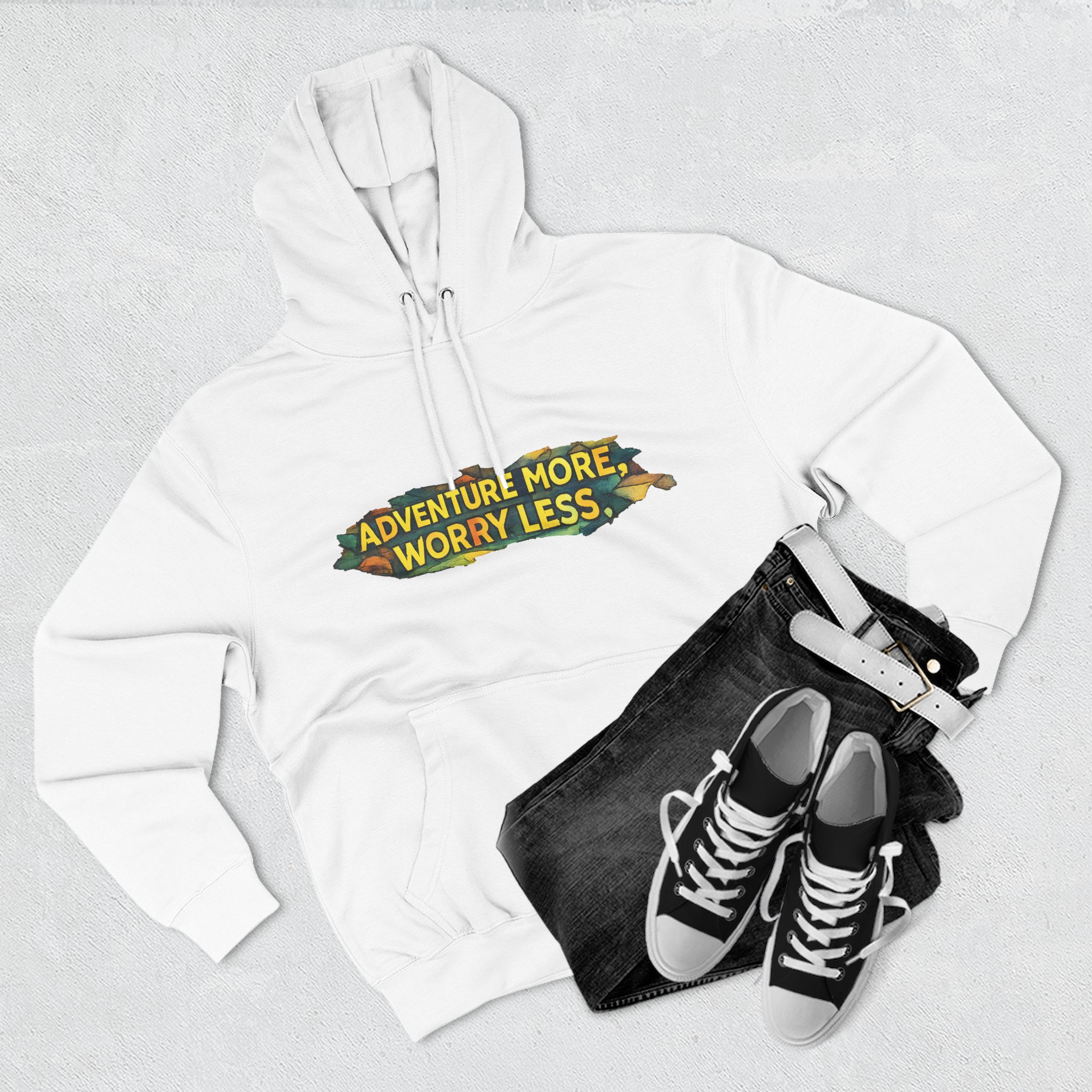 Three-Panel Fleece Hoodie - "Adventure More Worry Less" Design Cubic-Line