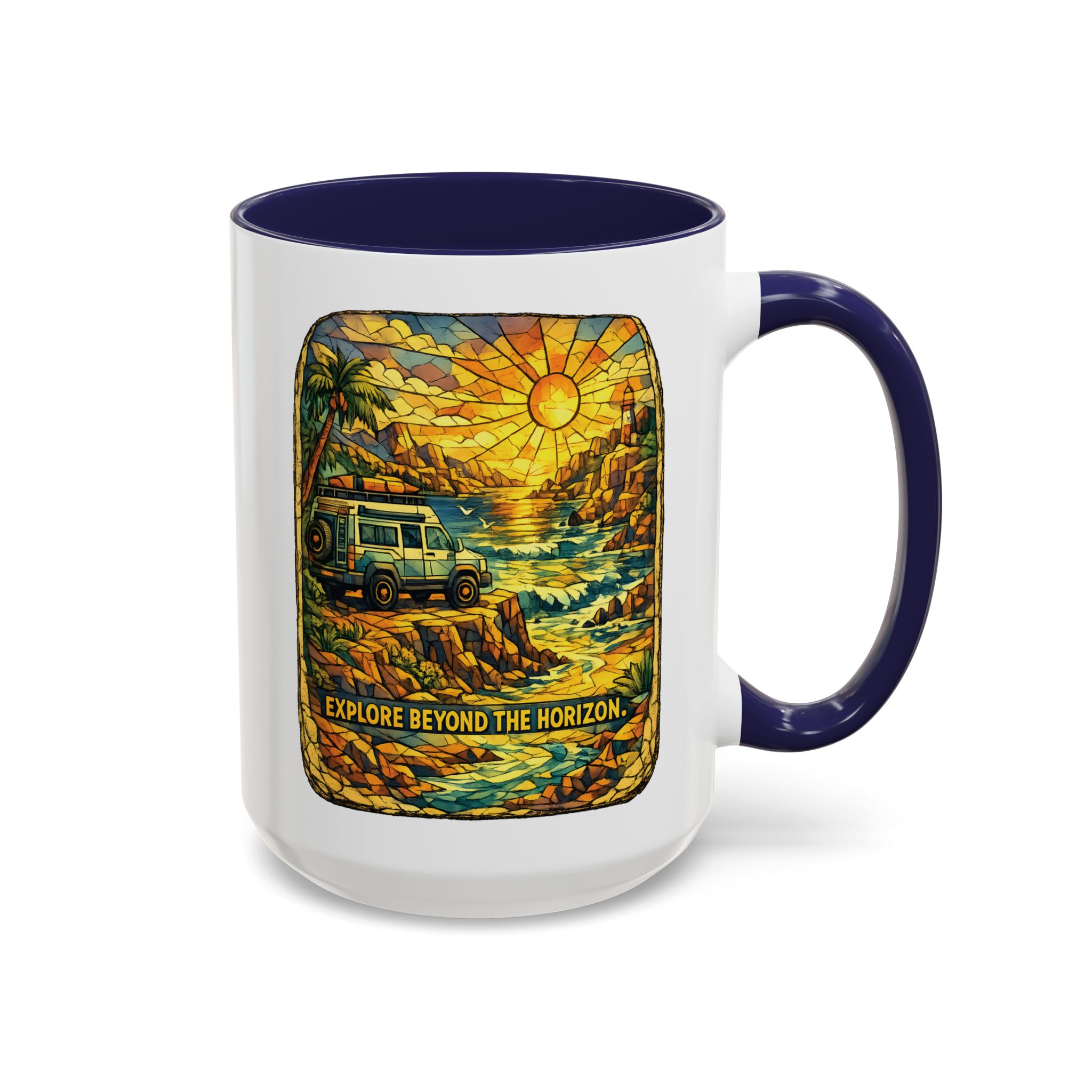 Accent Coffee Mug (11, 15oz) — "Explore Beyond The Horizon" Design Cubic-Line