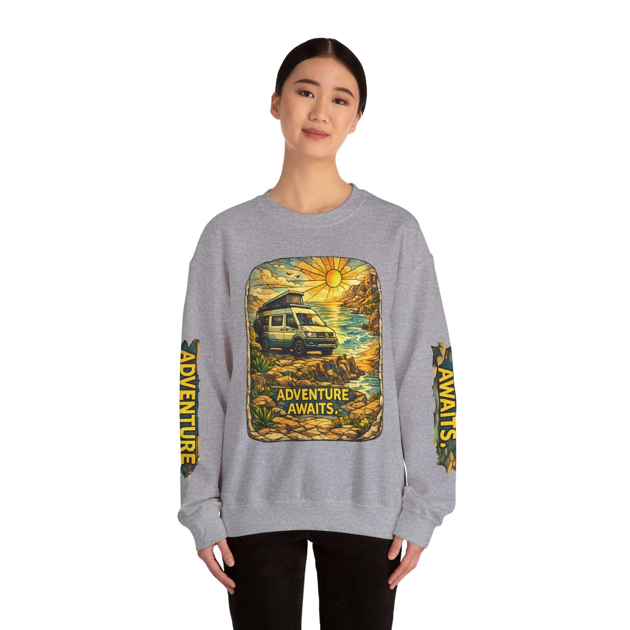Unisex Heavy Blend™ Crewneck Sweatshirt — "Adventure Awaits" Design Cubic-Line