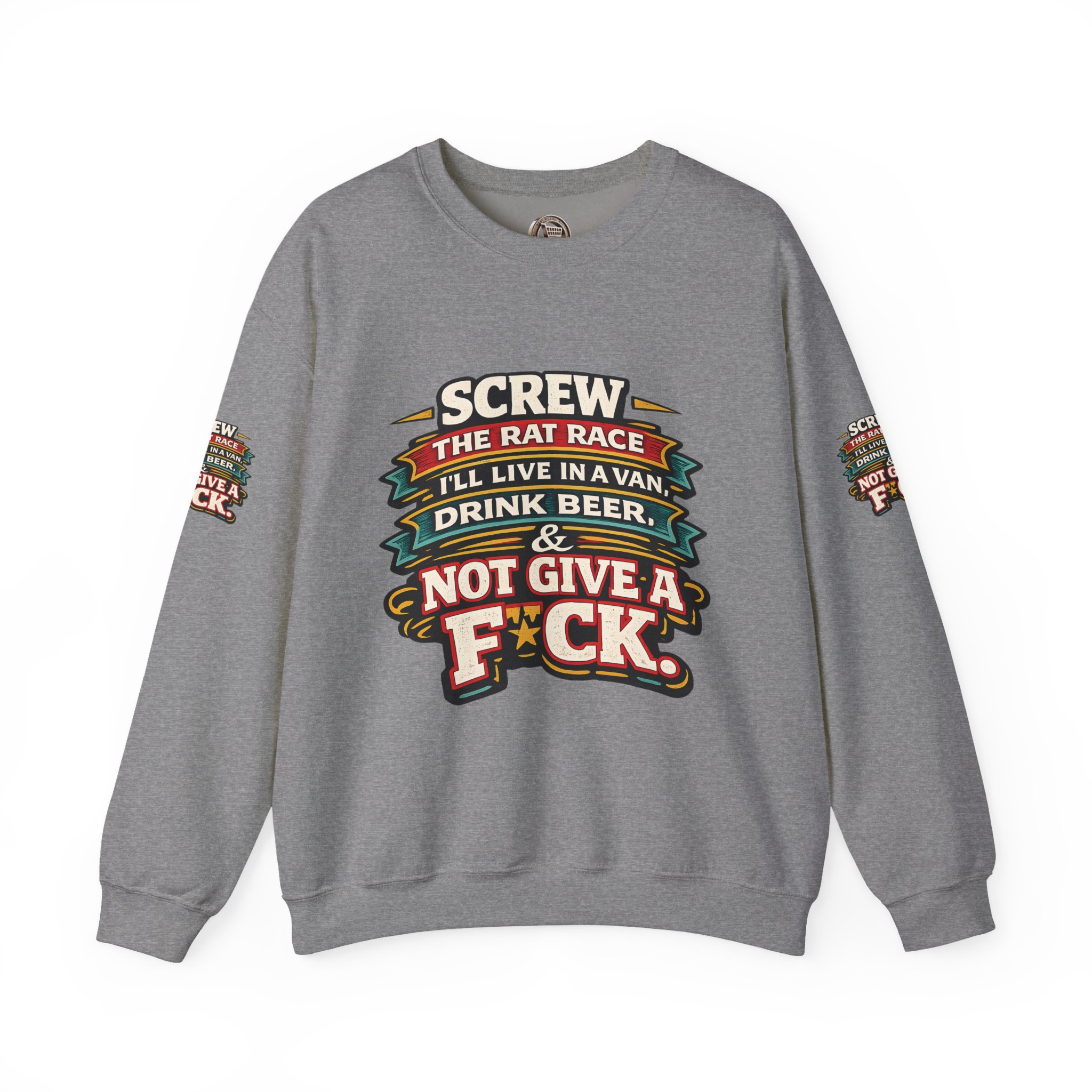 Unisex Heavy Blend™ Crewneck Sweatshirt — "Screw The Rat Race" Design F**K-Line
