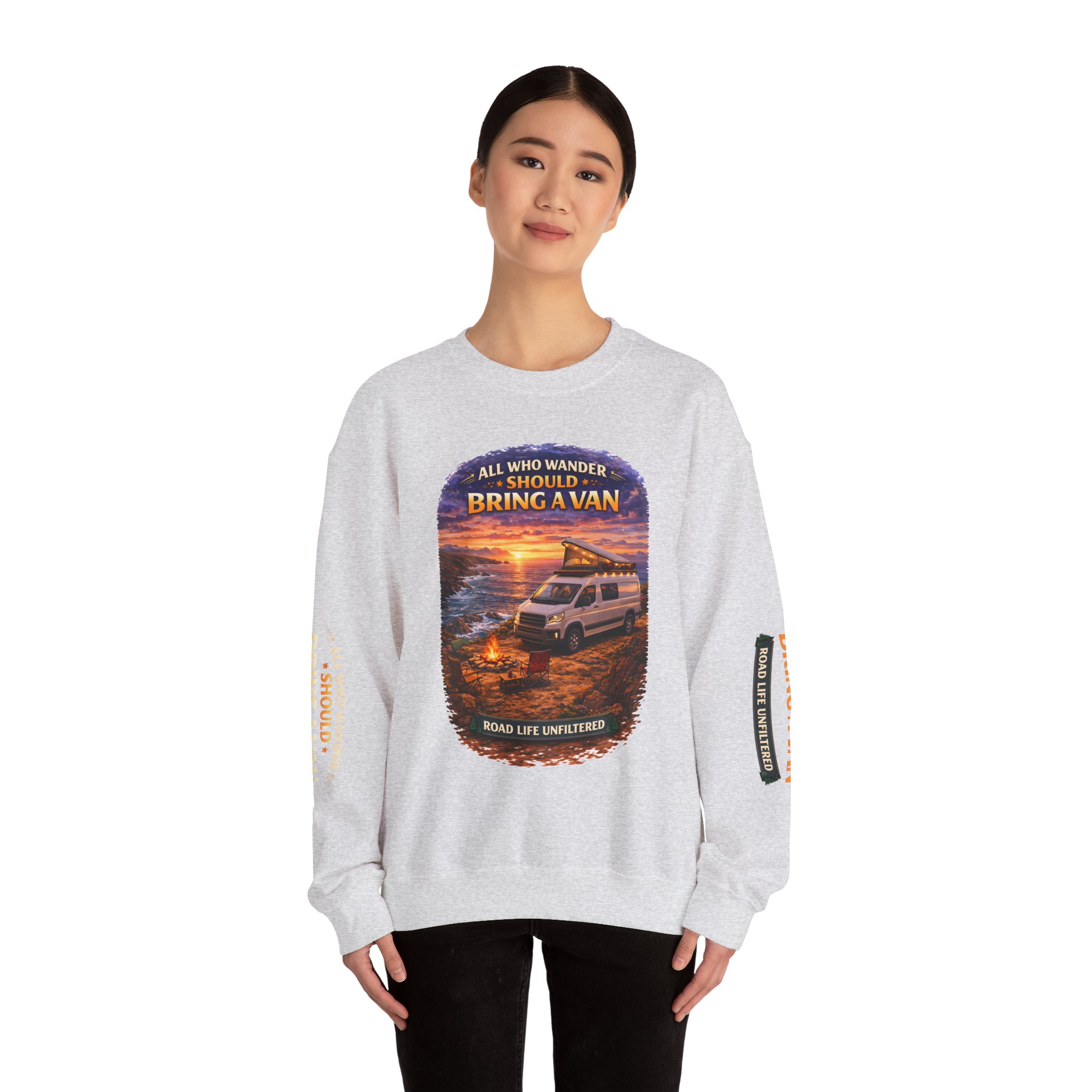 Unisex Heavy Blend™ Crewneck Sweatshirt — "All Who wander Should Bring A Van" Design Scenic-Line