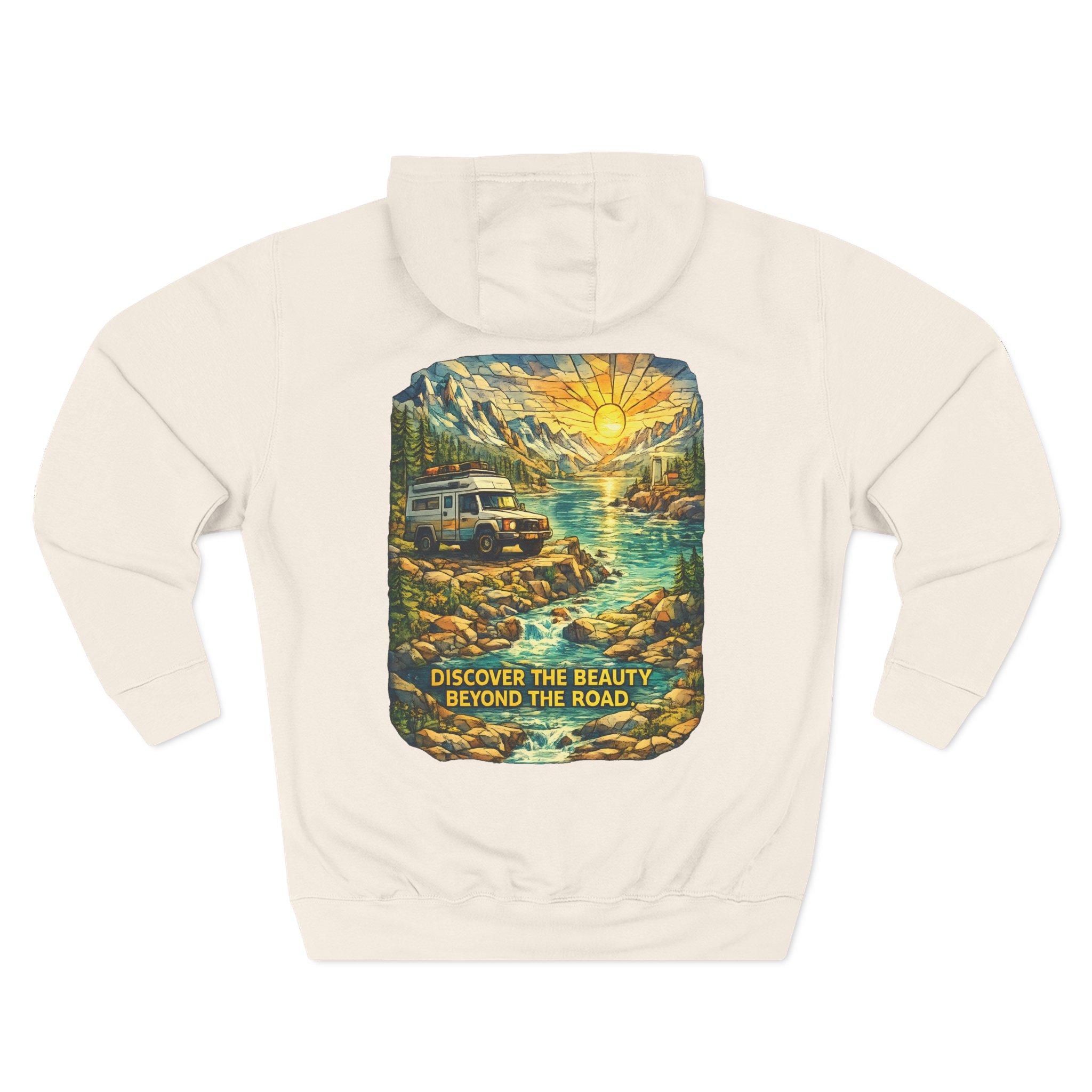 Three-Panel Fleece Hoodie - "Discover The Bieuty Beyond The Road" Design Cubic-Line
