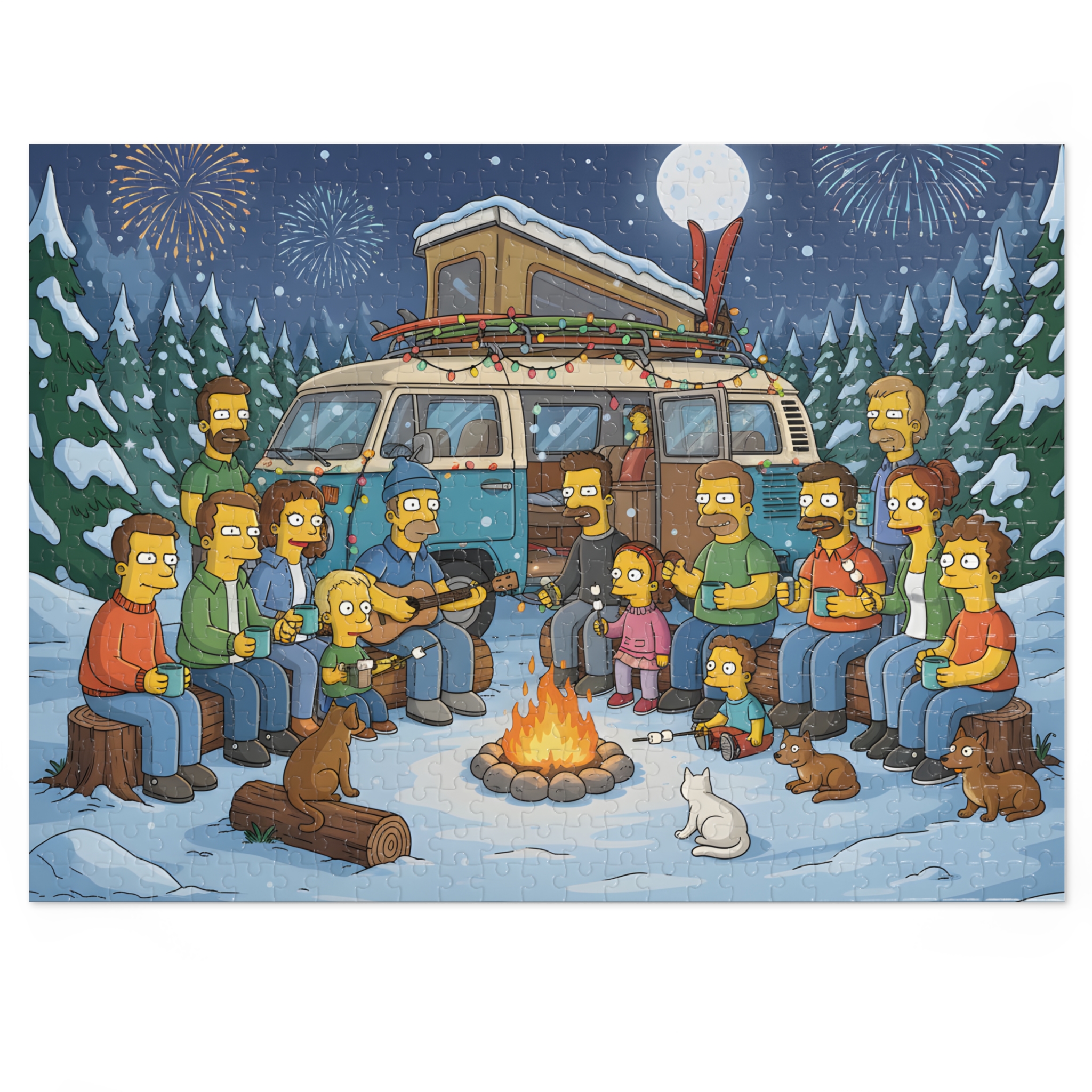 Jigsaw Puzzle with Tin — Winter Campfire Scene