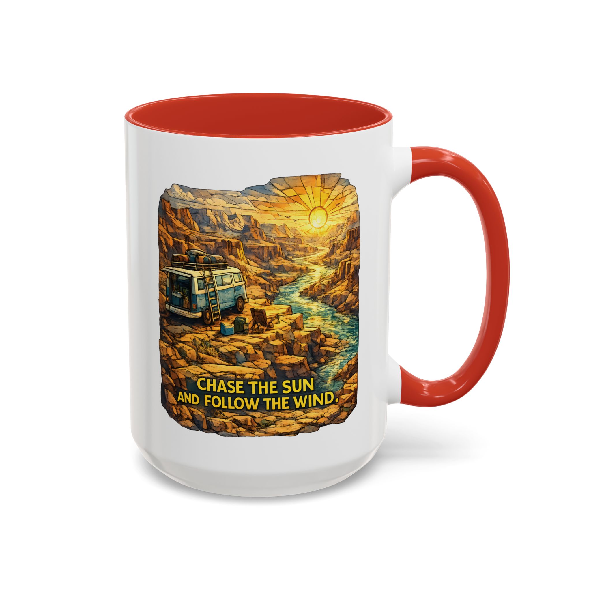 Accent Coffee Mug (11, 15oz) — "Chase The Sun And Follow The Wind" Design Cubic-Line