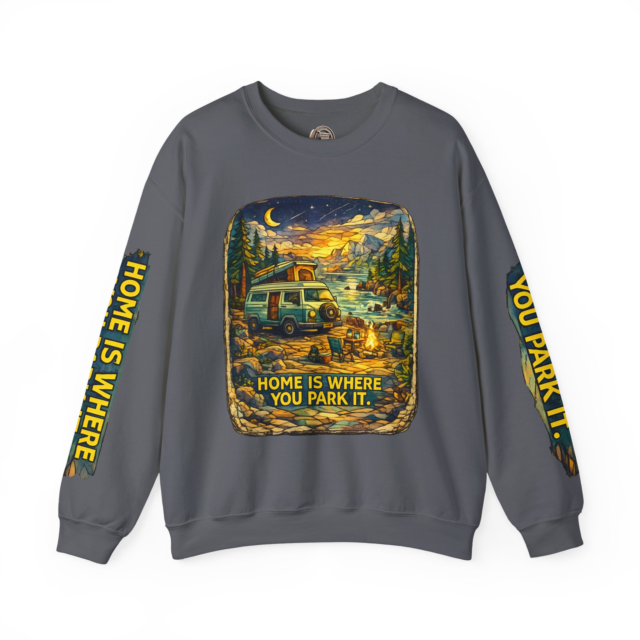 Unisex Heavy Blend™ Crewneck Sweatshirt — "Home Is Where You Park It" Design Cubic-Line