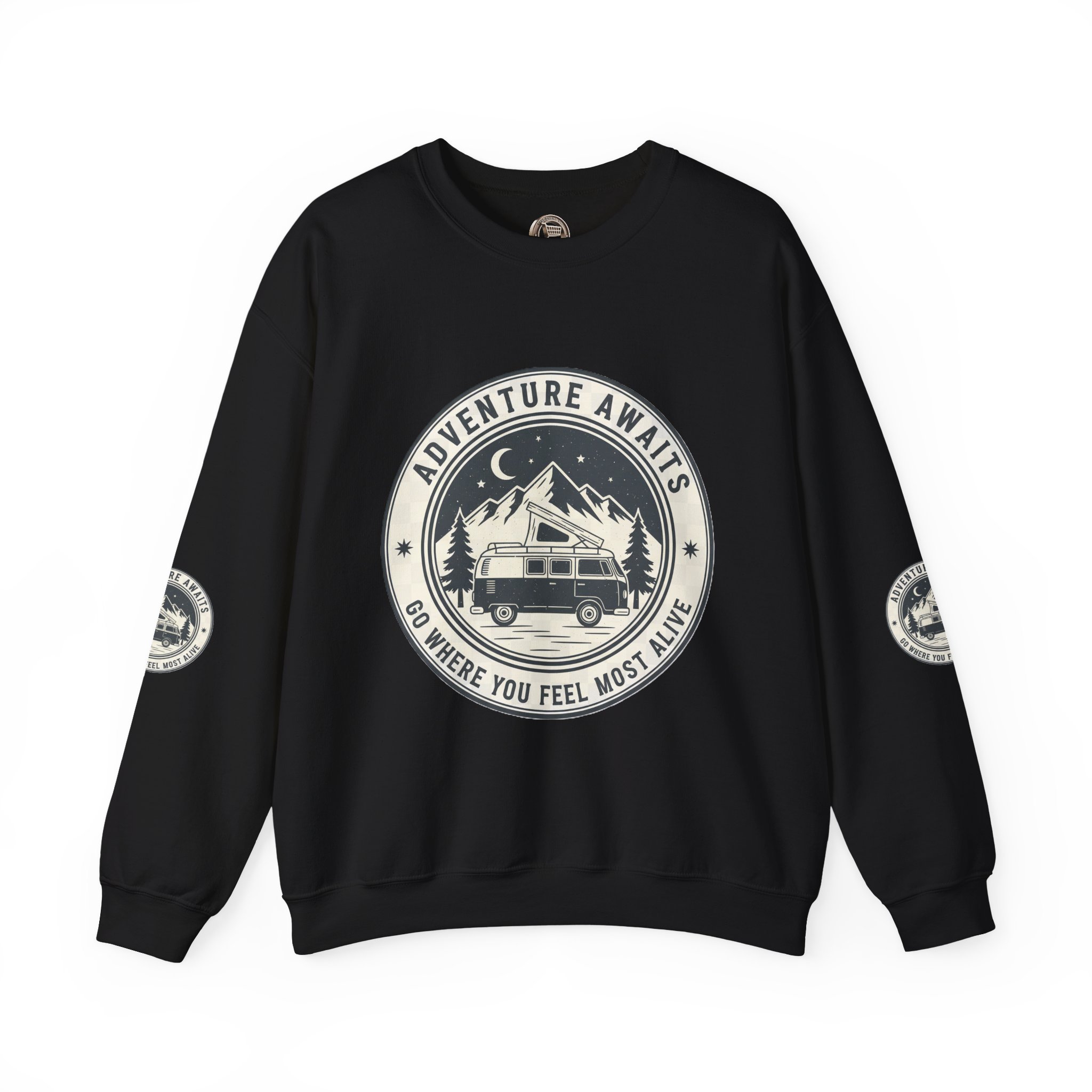 6023073046581806902_2048.jpeg Crewneck Sweatshirt — "Adventure Awaits-Go Where You Feel Most Alive" (Font + Back + Sleaves printed) Vintage Camper Van Outdoor Graphic