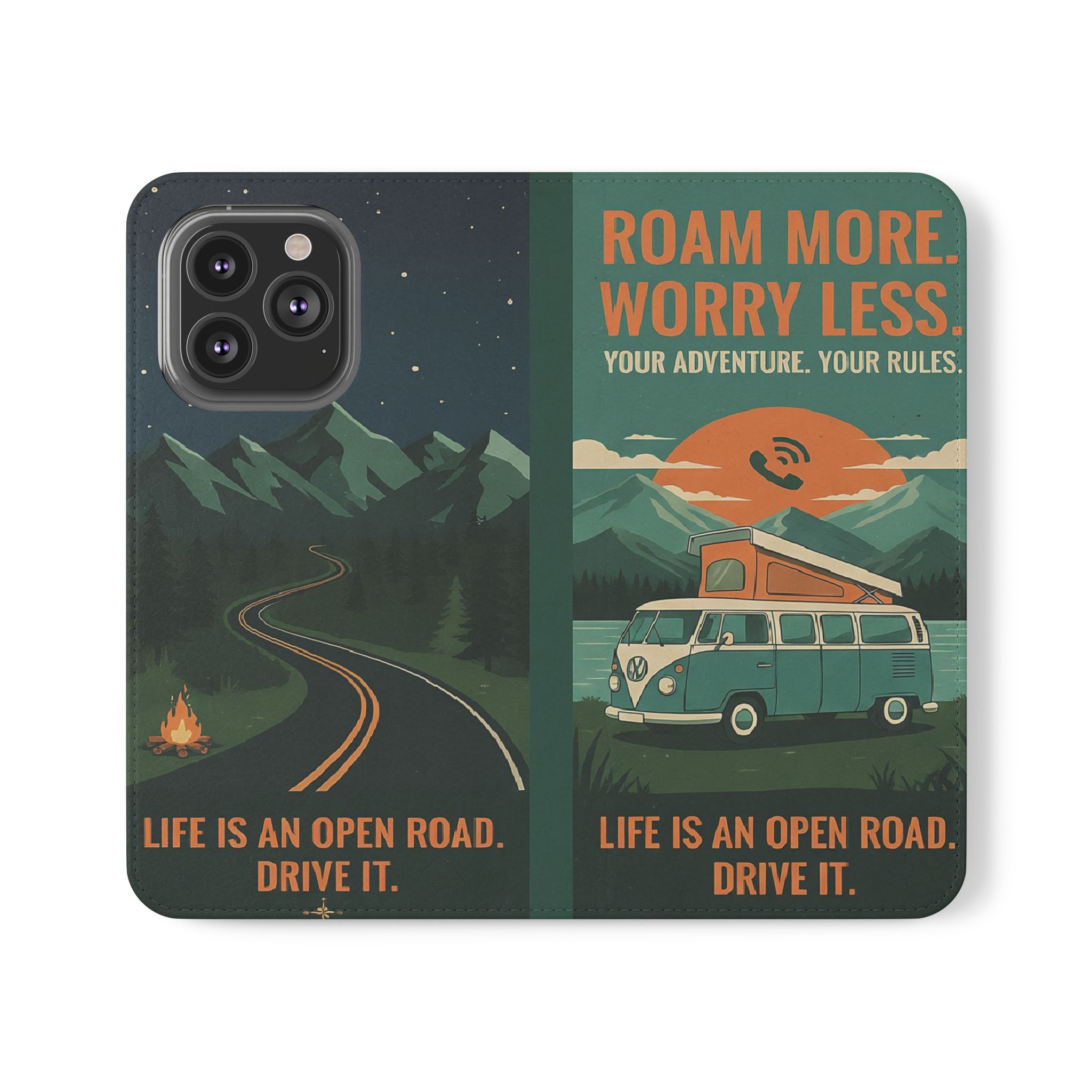 Flip Phone Case — "Roam More Worry Less - Life Is An Open Road" Phone Wallet