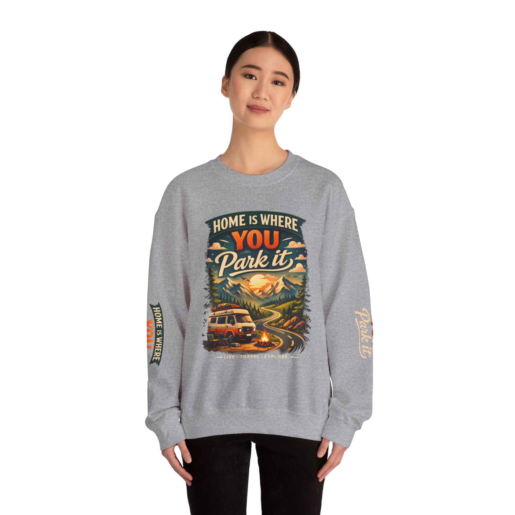 Unisex Heavy Blend™ Crewneck Sweatshirt — "Home Is Where You Park It" Design Scenic-Line
