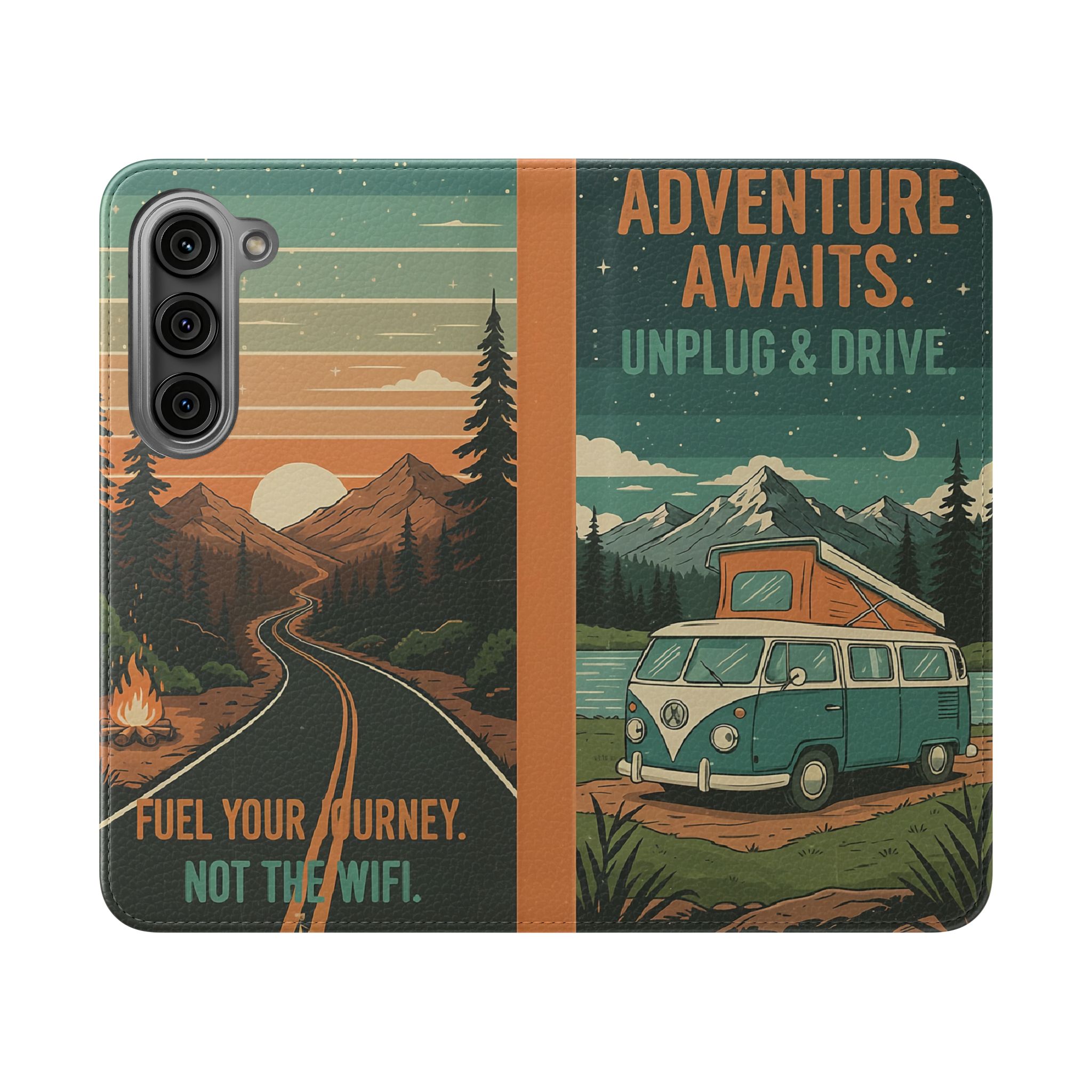 Flip Phone Case — "Adventure Awaits Unplug & Drive" Wallet Case
