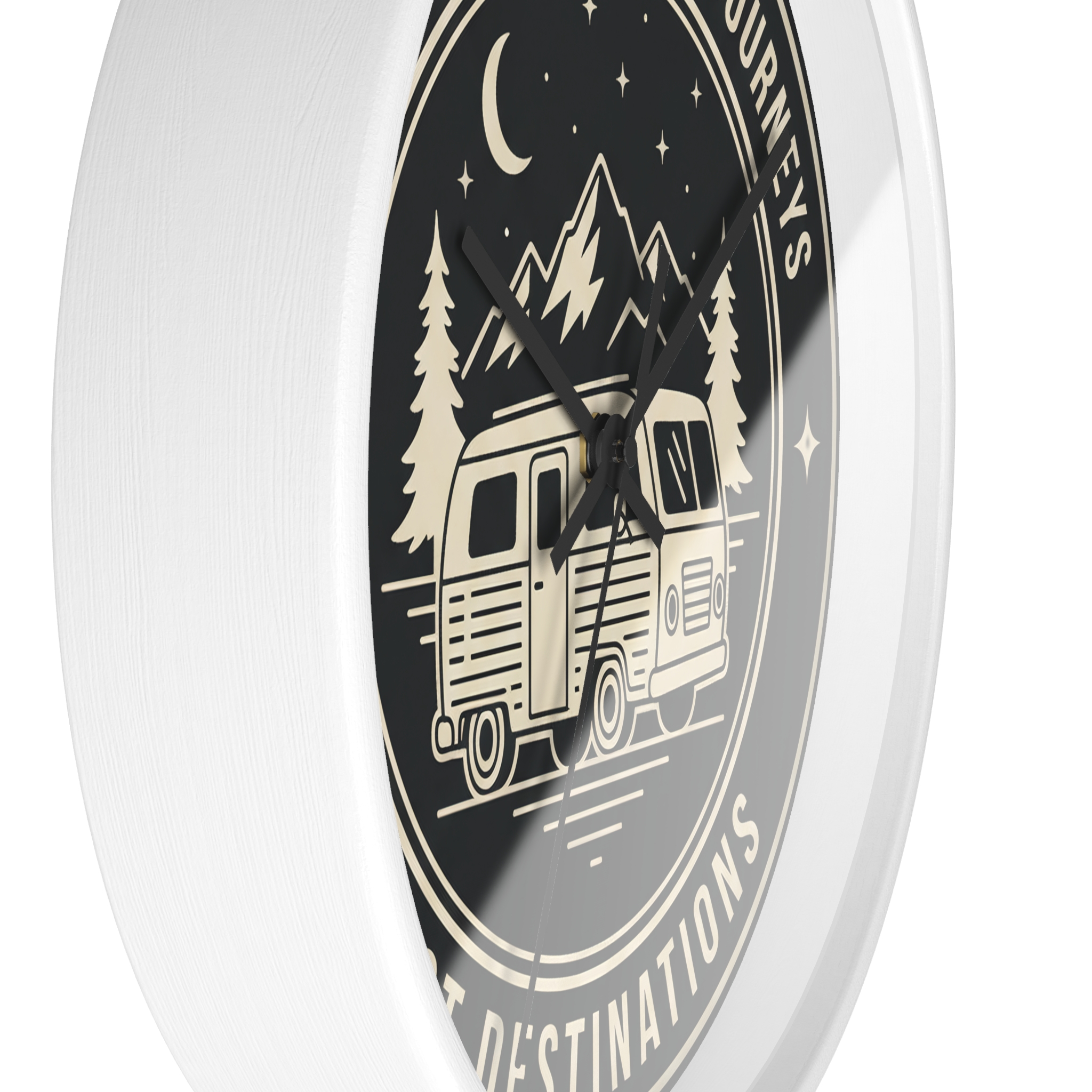 Wall Clock — "ROAD WHERE MADE FOR JOURNEYS-NOT DESTINATIONS" Camper Van Mountain Travel Timepiece