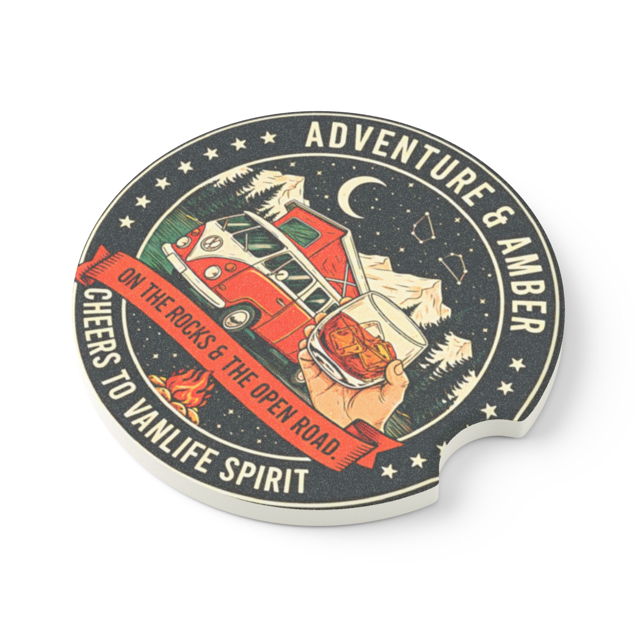 Soapstone Car Coaster — 'Adventure & Amber' Campfire Design