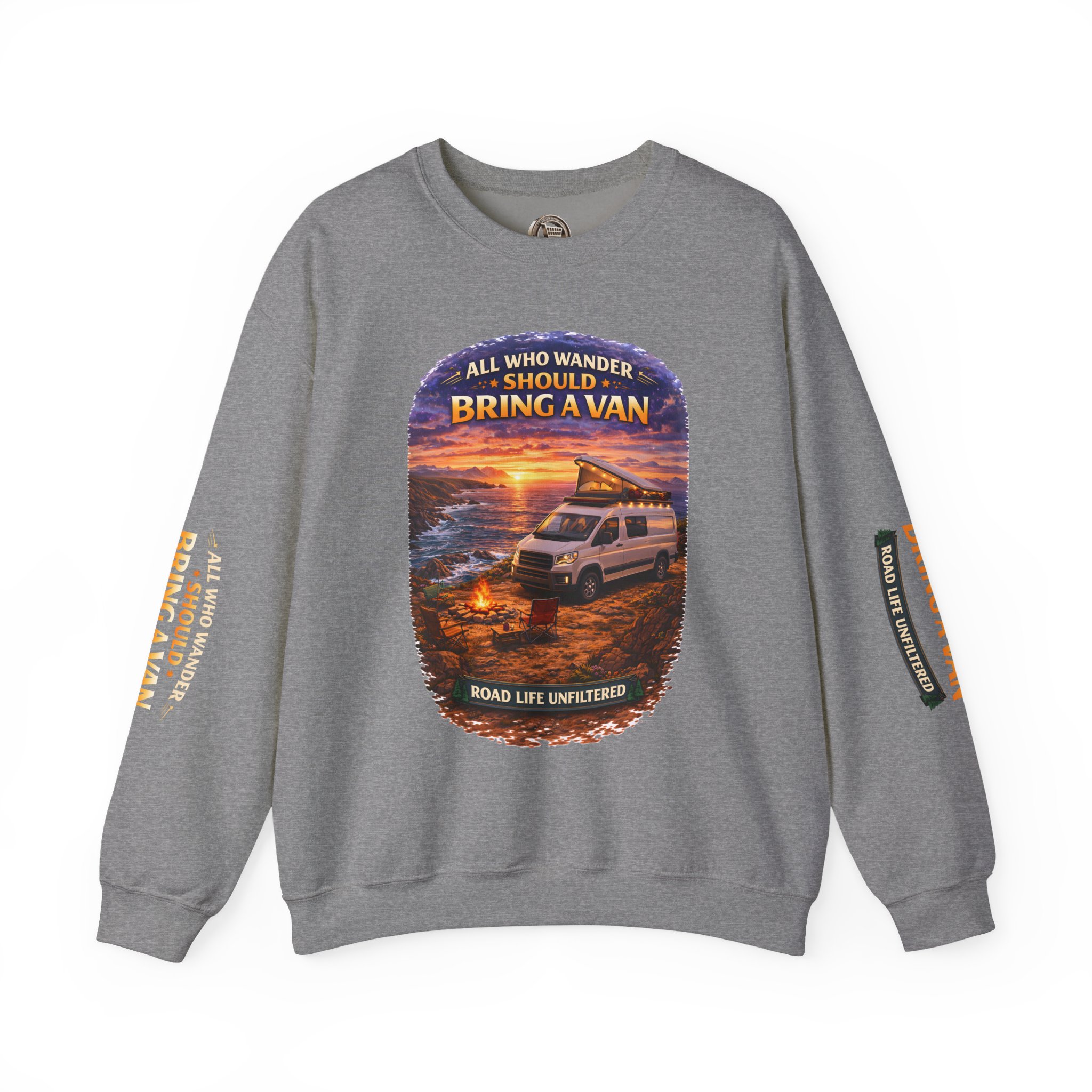 Unisex Heavy Blend™ Crewneck Sweatshirt — "All Who wander Should Bring A Van" Design Scenic-Line