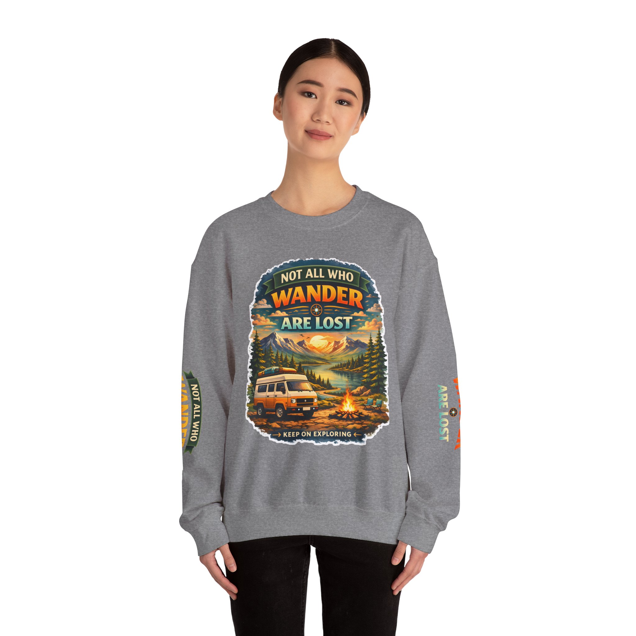 Unisex Heavy Blend™ Crewneck Sweatshirt — "Not All Who Wander Are Lost" Design Scenic-Line