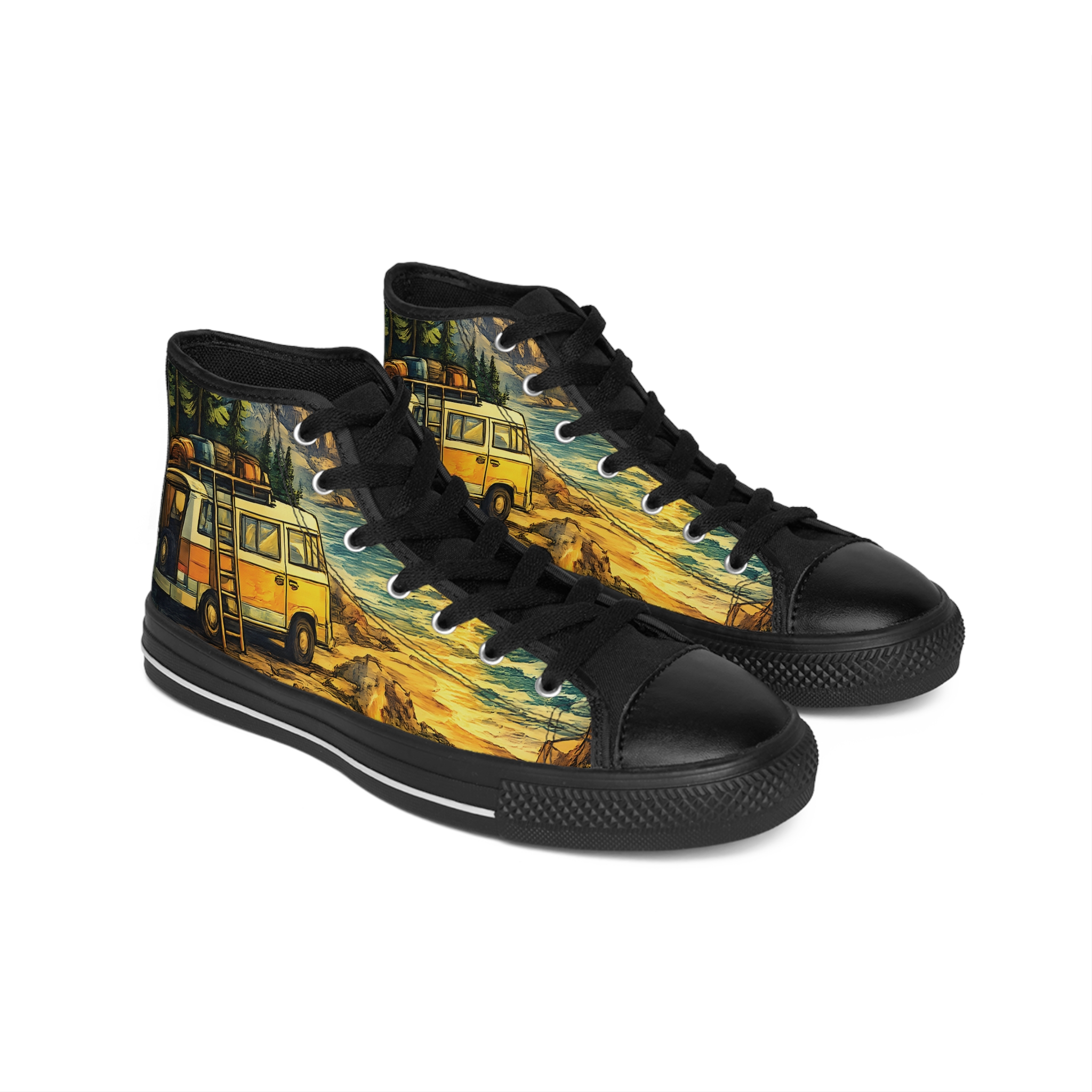 Women's Classic Sneakers – Yellow Retro Camper Van Print (Cubic-Line)