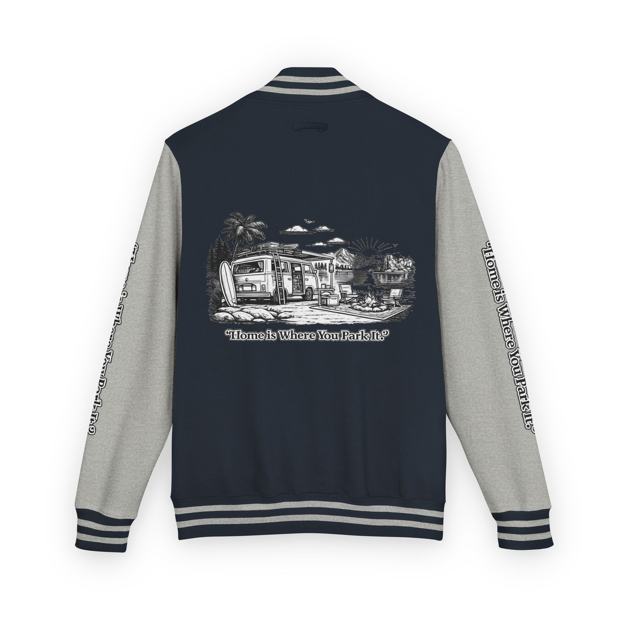 6074353546432815216_2048-1.jpeg Unisex Heavyweight Letterman Jacket — "Home Is Where You Park It" Travel Varsity Coat