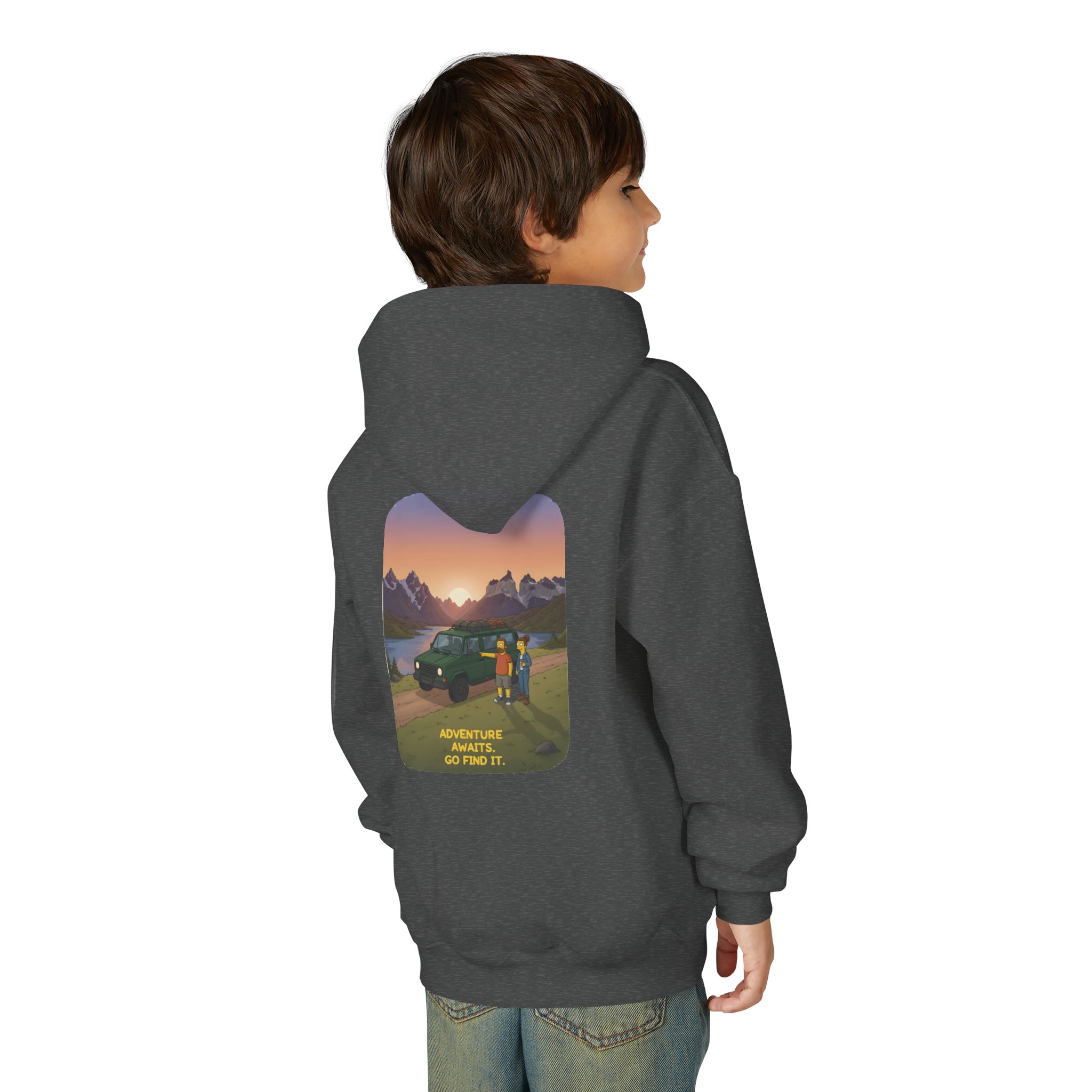 Youth Hoodie(Gildan) – "Adventure Awaits-Go Find It" (Design Sitcom-Line)