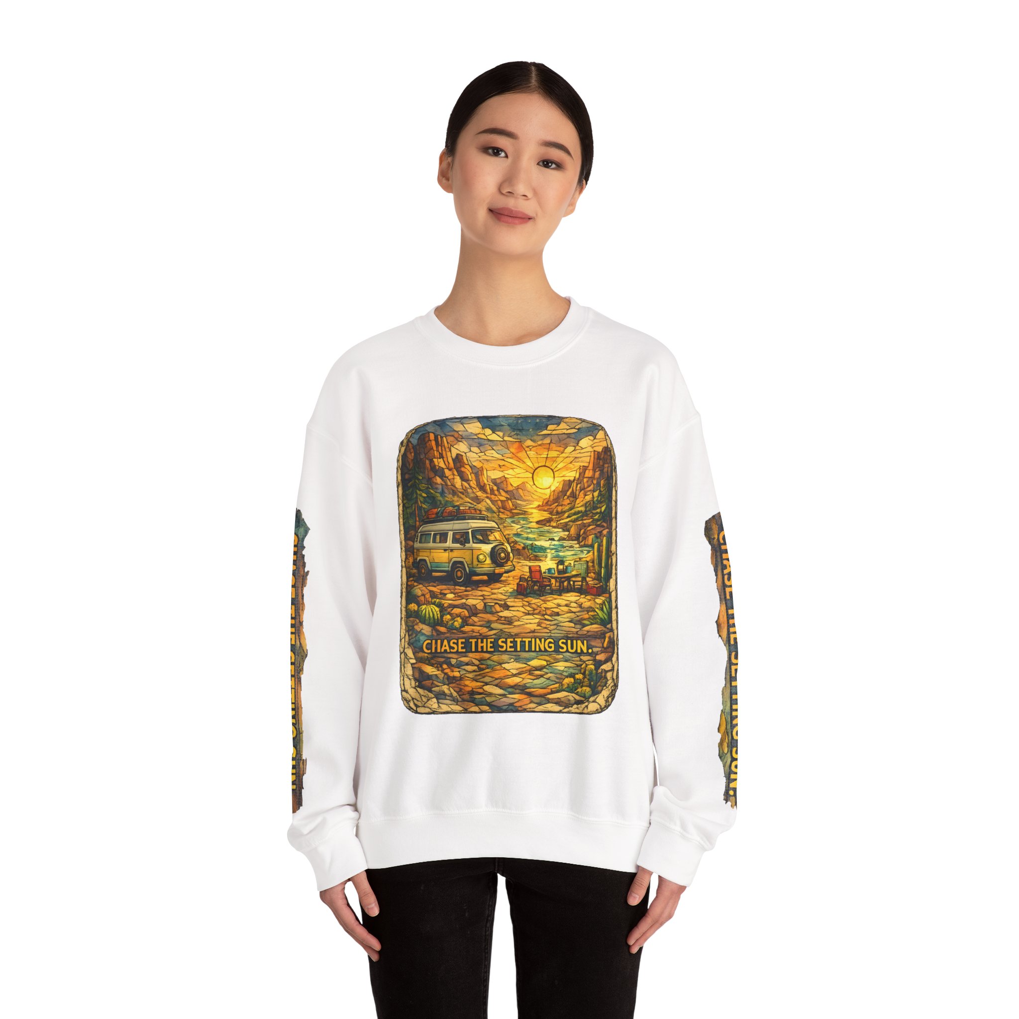 Unisex Heavy Blend™ Crewneck Sweatshirt — "Chase The Settings Sun" Design Cubic-Line