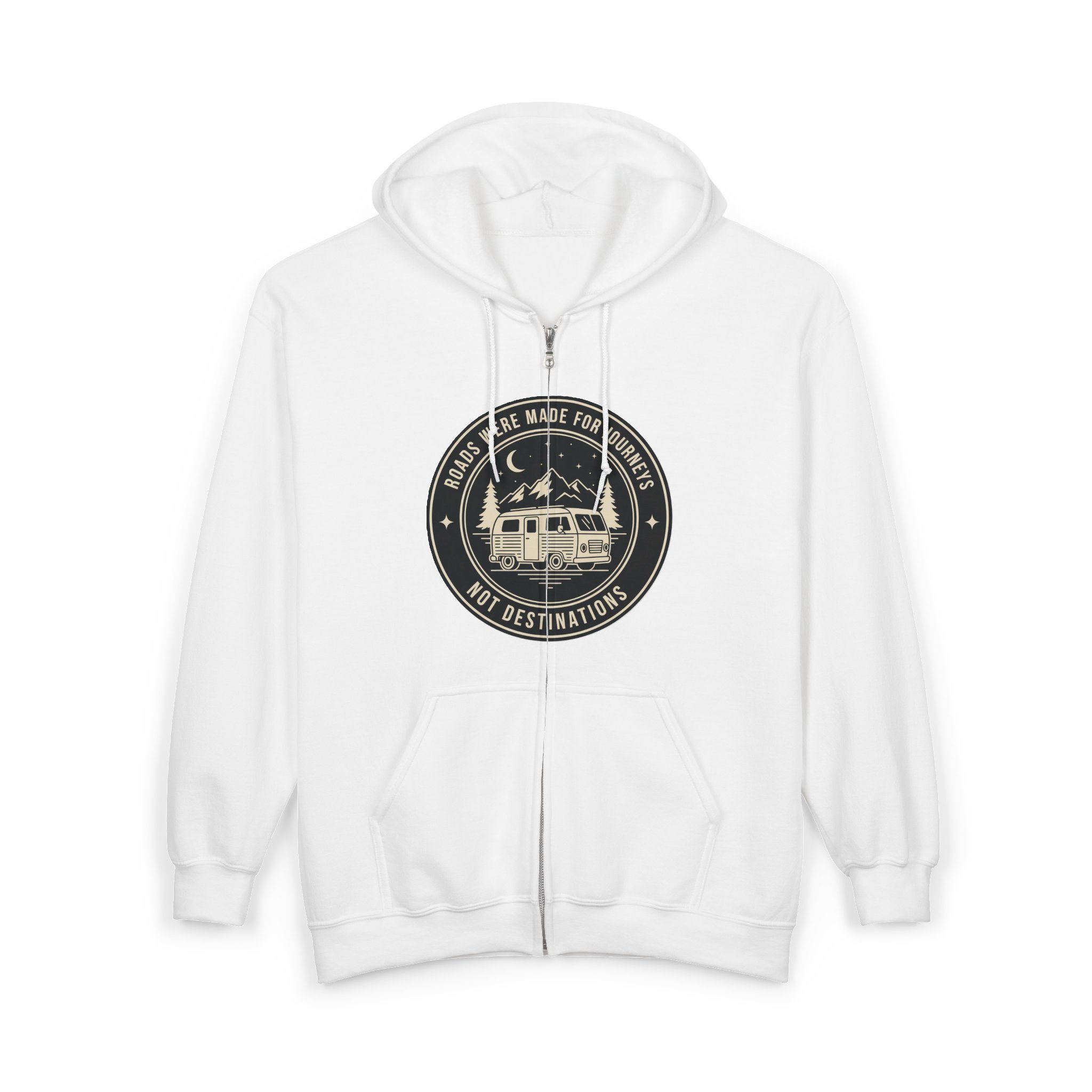 Zip Hoodie — "ROAD WHERE MADE FOR JOURNEYS-NOT DESTINATIONS"(Front + Back Printed) Camper Van Adventure Zip-Up