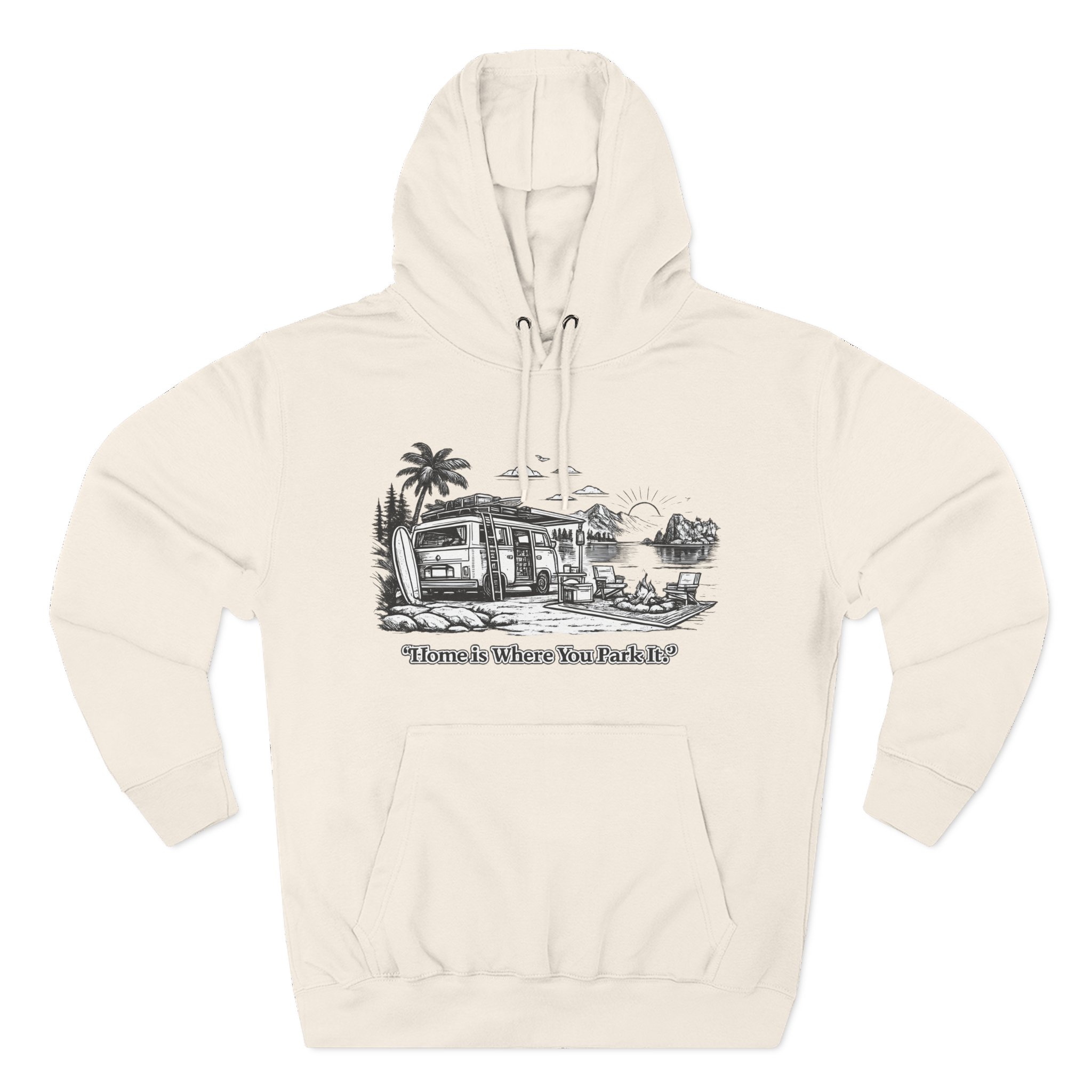 Three-Panel Fleece Hoodie - "Home Is Where You Park It" Design Minimal-Line