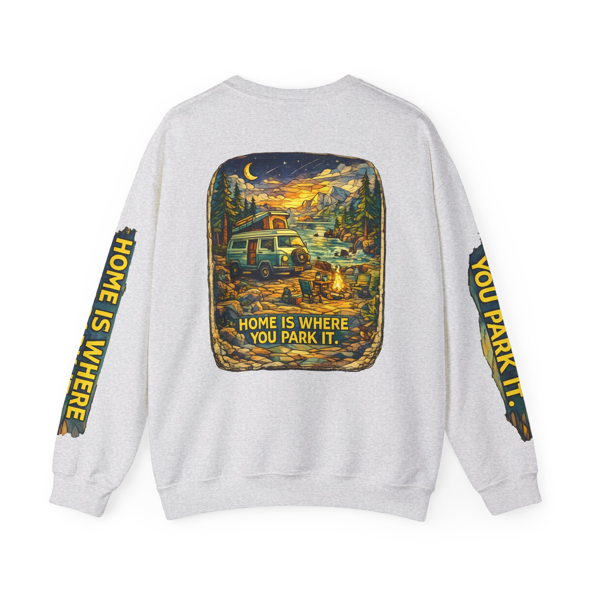 Unisex Heavy Blend™ Crewneck Sweatshirt — "Home Is Where You Park It" Design Cubic-Line