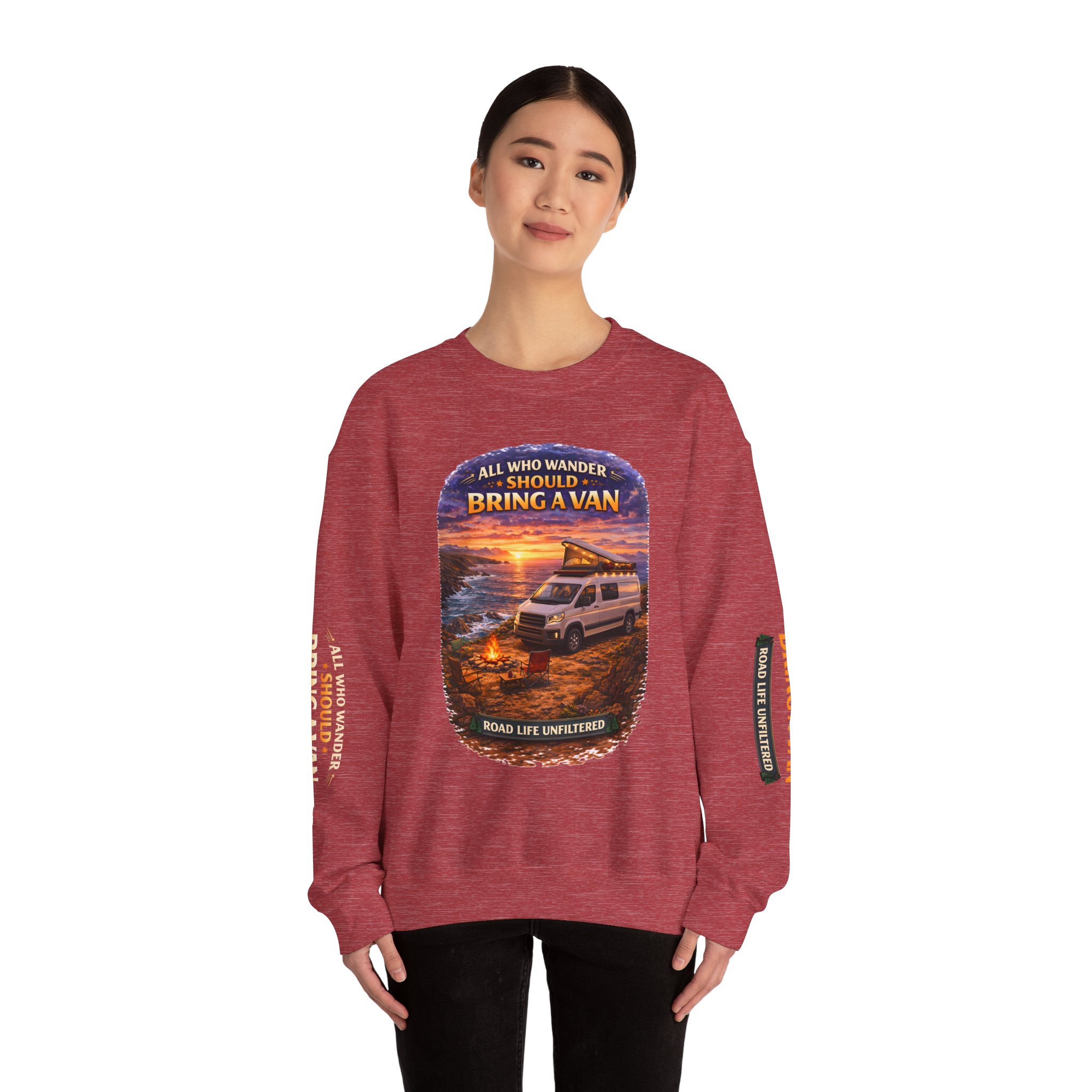 Unisex Heavy Blend™ Crewneck Sweatshirt — "All Who wander Should Bring A Van" Design Scenic-Line