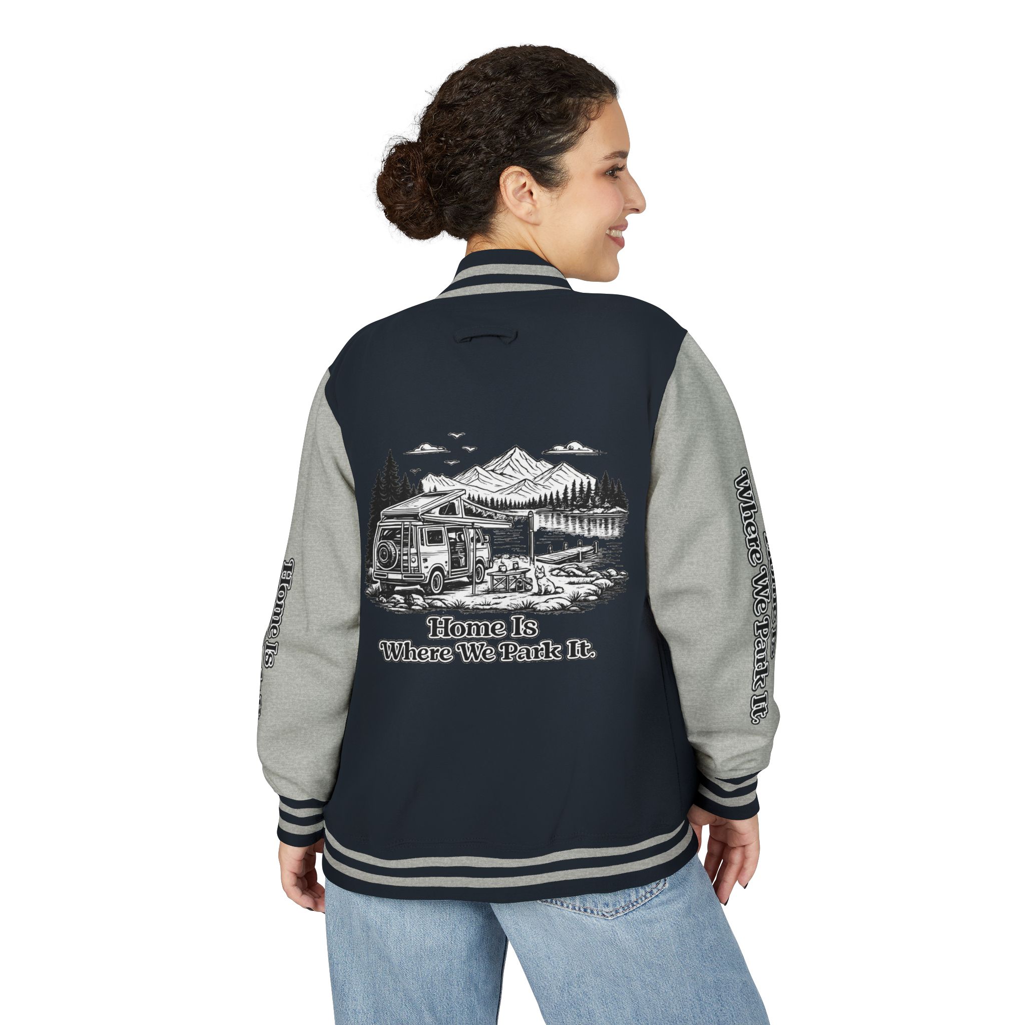 Unisex Heavyweight Letterman Jacket — "Home Is Where You Park It" Travel Varsity Coat