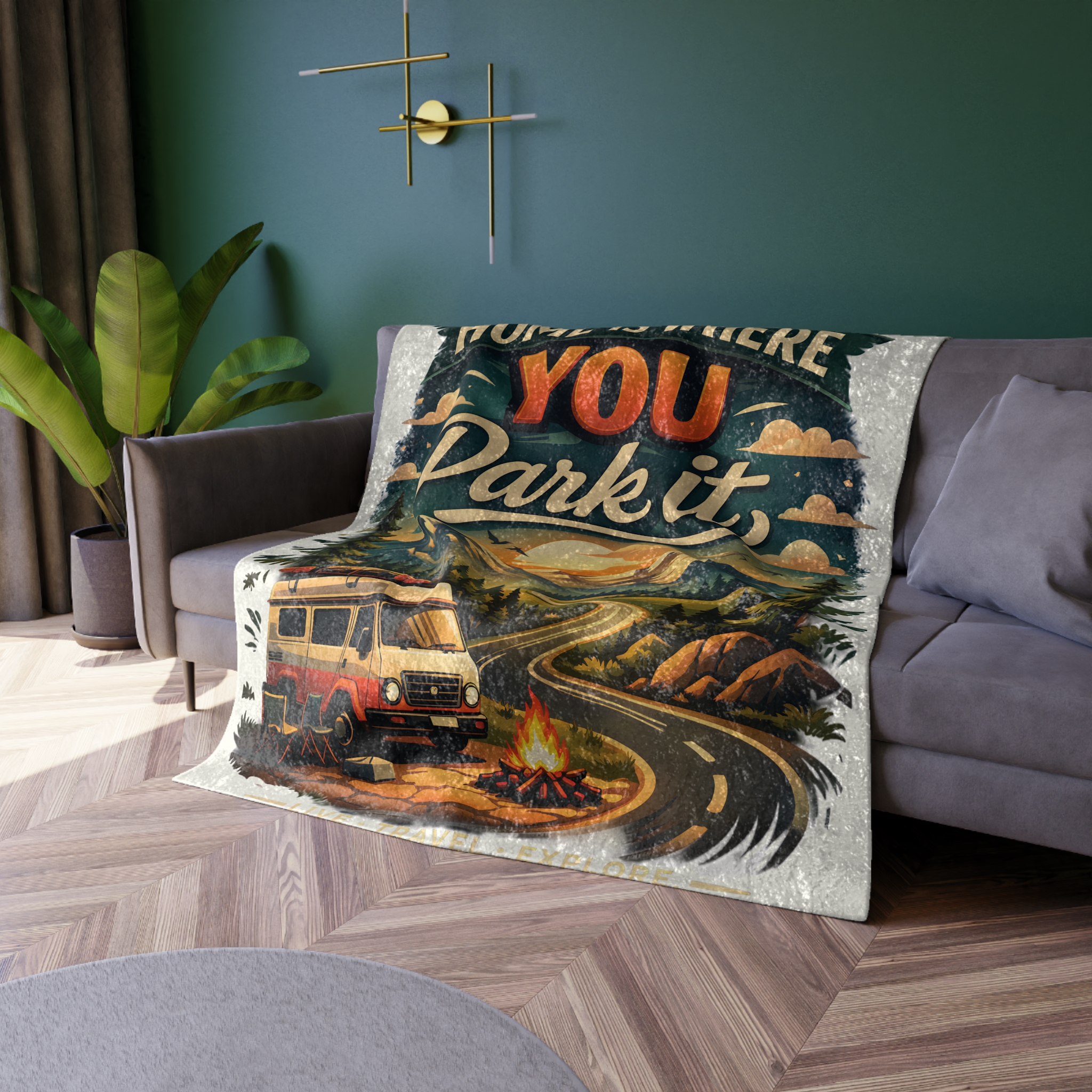Crushed Velvet Blanket —"Home Is Where You Park It" Design Scenic-Line (Campervan)