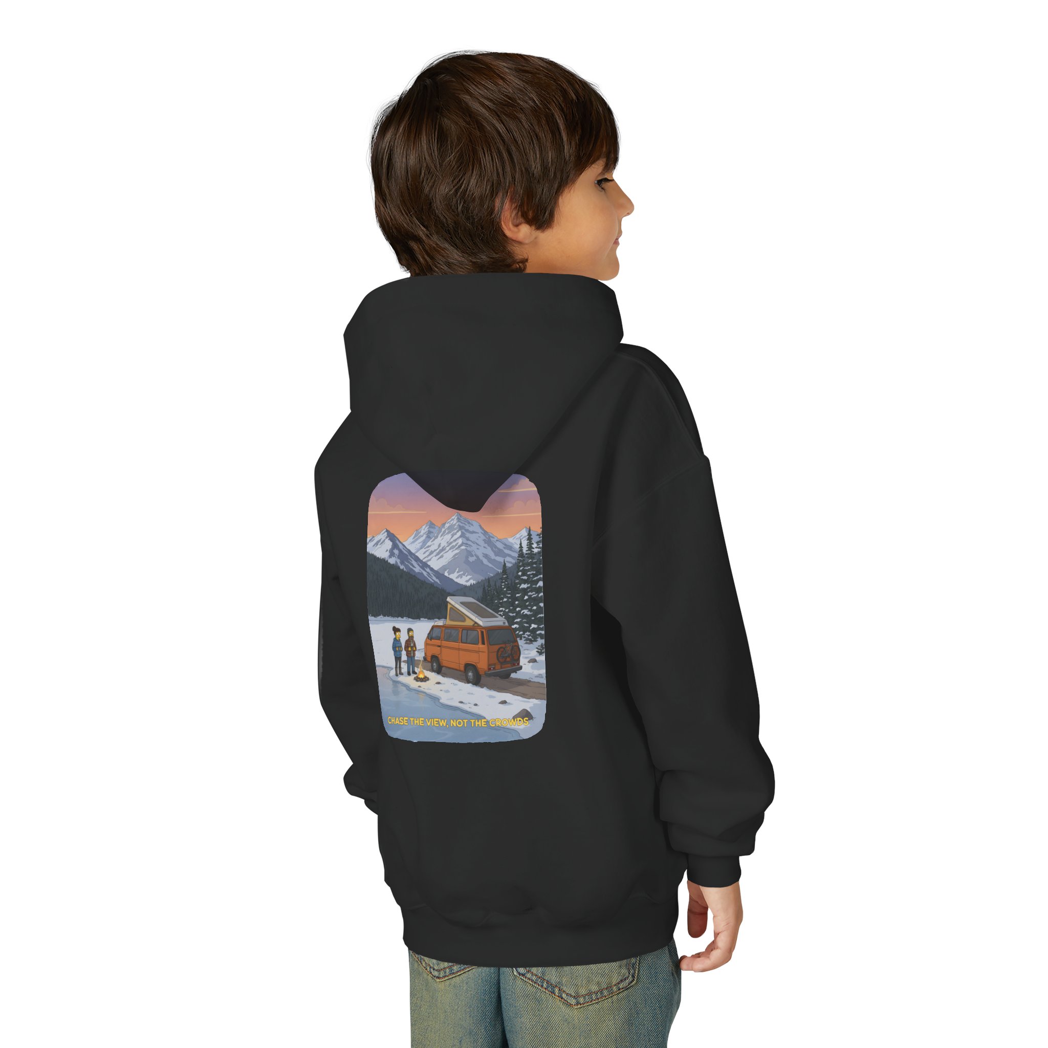 Youth Hoodie(Gildan) – "Chase The Views-Not The Crowds" (Design Sitcom-Line)